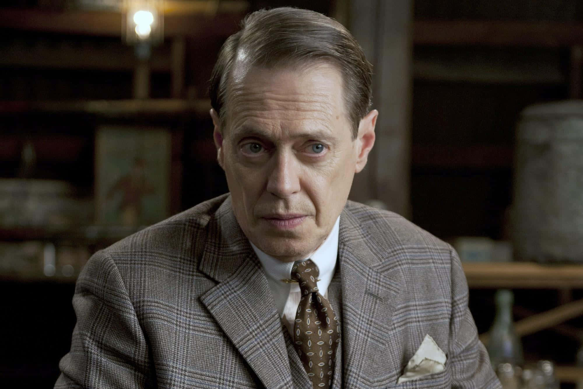 steve buscemi 桌布 壁紙 — 一名穿著格紋西裝和圖案領帶的男子，在燈光昏暗的復古房間裡，神情嚴肅地凝視著。