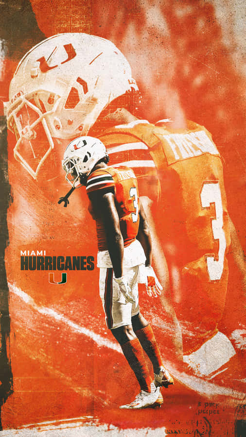「Go Canes！」 壁紙 — 一名穿著橙色和白色裝備的邁阿密颶風隊美式足球員，站在粗糙紋理的背景中，身後有一個巨大的褪色頭盔剪影。