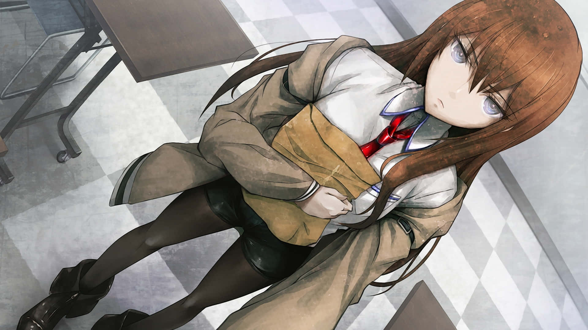 kurisu makise 桌布 壁紙 — 一名穿著米色風衣和紅色領帶的女高中生癱倒在棋盤格教室地板的書桌上。