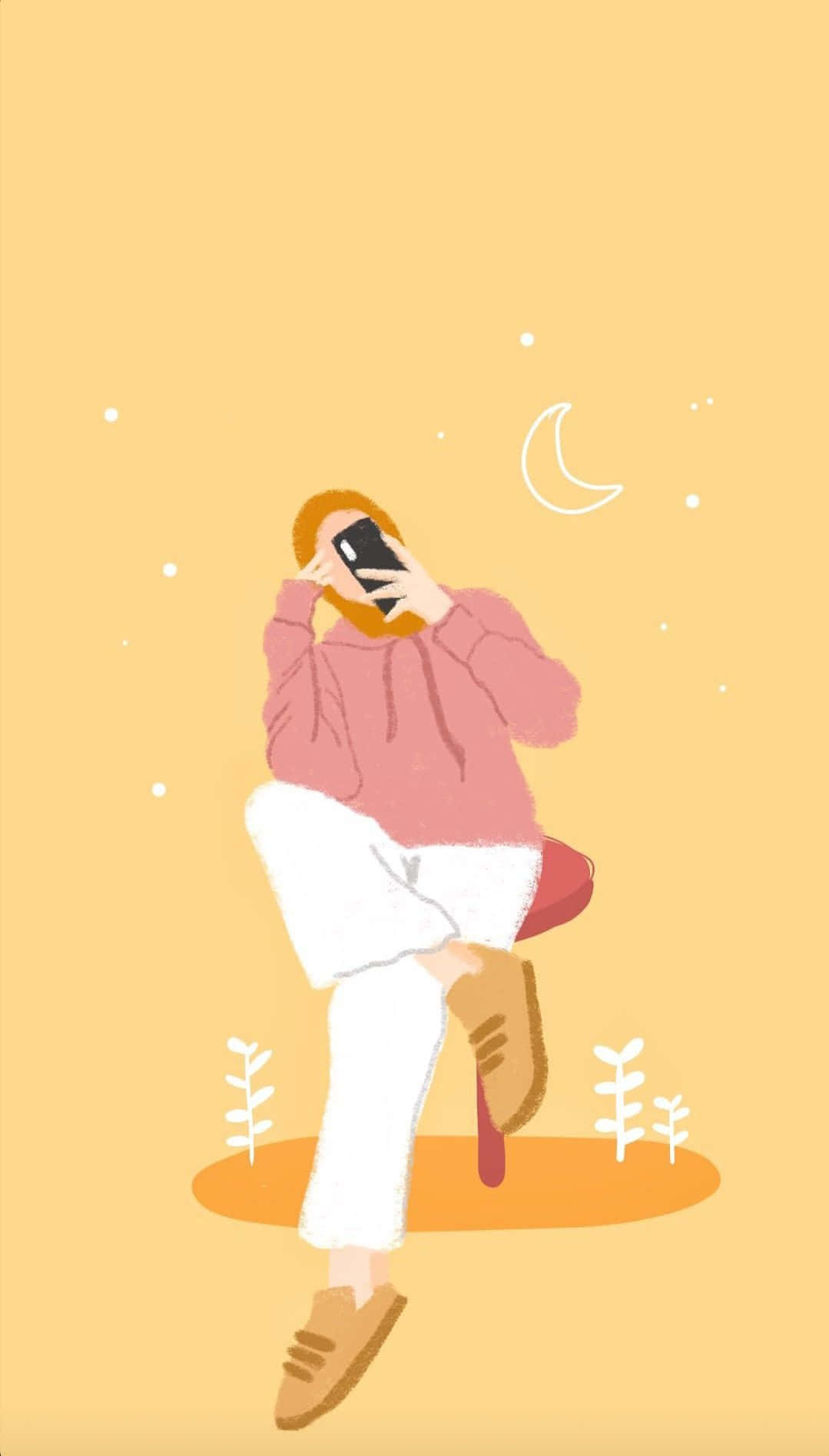 Animojis 桌布 壁紙 — 一名穿著粉紅色連帽衫的人坐在紅色凳子上，在溫暖的黃色背景下的新月旁自拍。