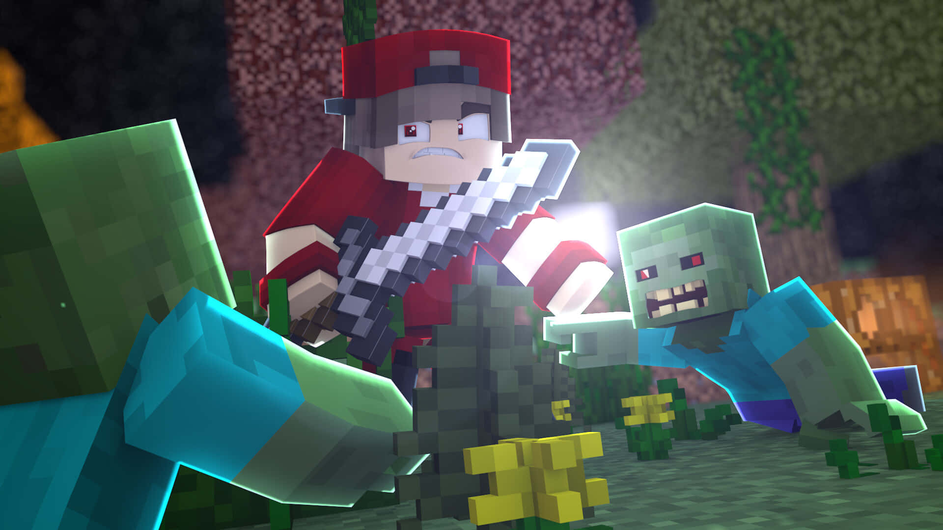 Minecraft Villagers 桌布 壁紙 — 一名穿著紅色盔甲的Minecraft玩家在像素森林生物群系中揮舞發光劍對抗殭屍。