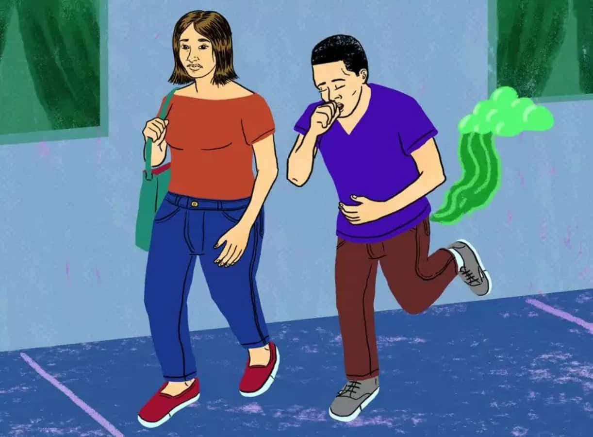 Fart 桌布 壁紙 — 一名穿著紫色襯衫的男子劇烈咳嗽，口中冒出綠色煙霧，一名身穿紅衣的女子走在他旁邊。