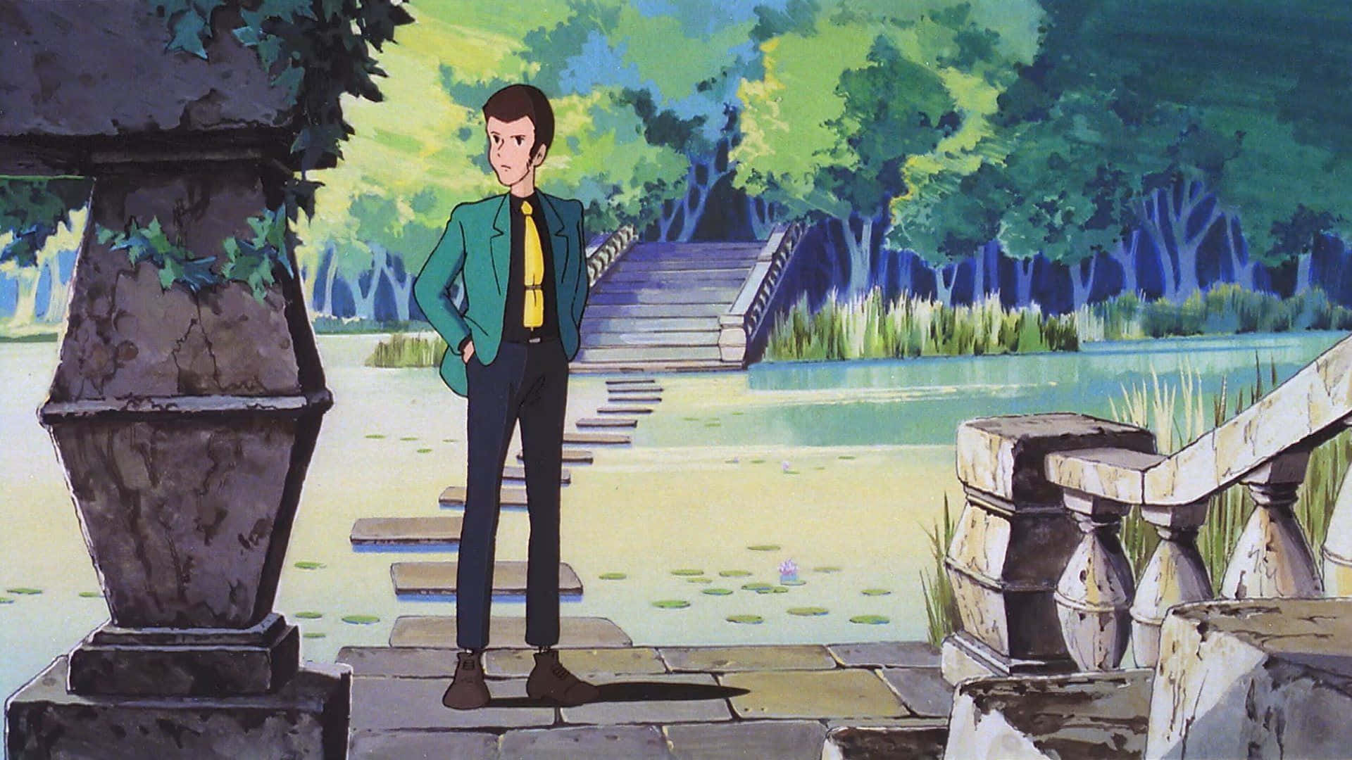 lupin iii 桌布 壁紙 — 一名穿著綠色外套的男子站在石階上，旁邊是一個有睡蓮的池塘，背景是一座森林中的橋樑。