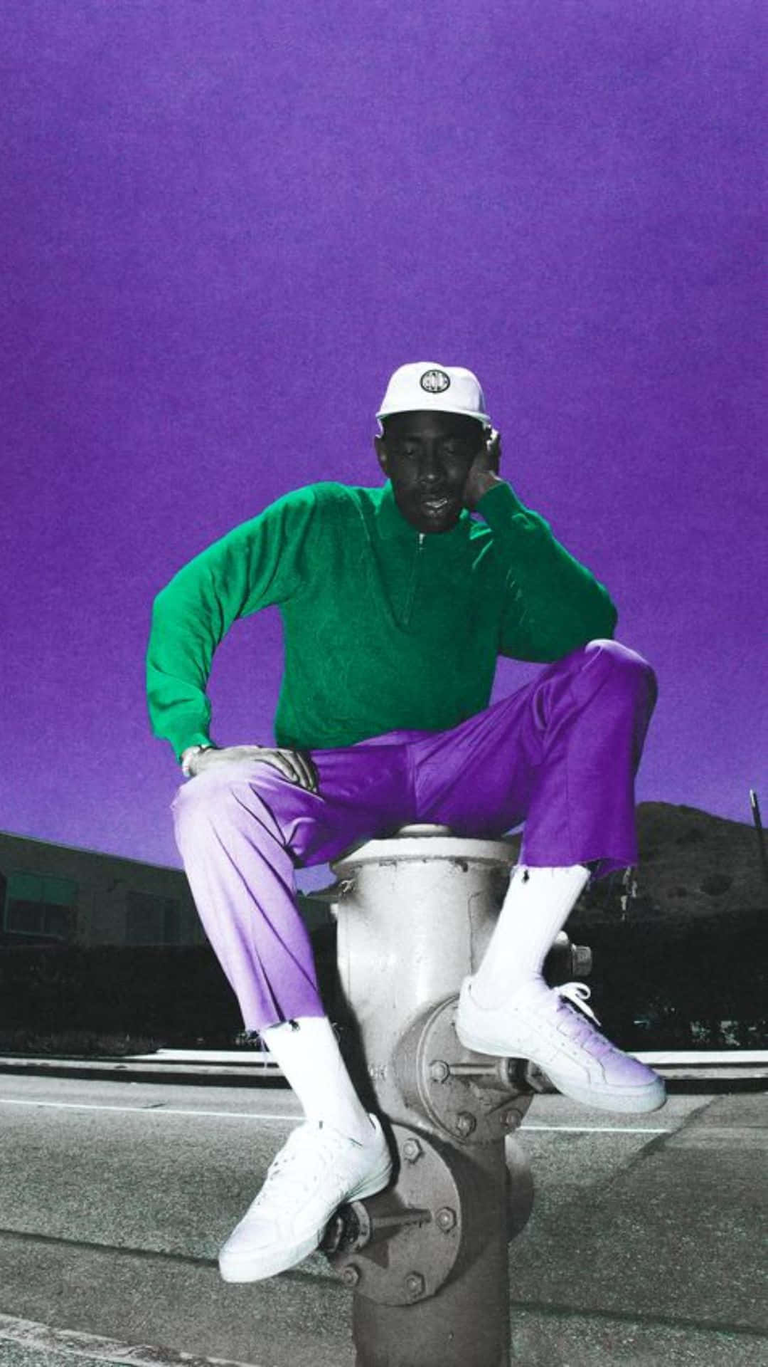 tyler the creator 桌布 壁紙 — 一名穿著綠色連帽衫和紫色褲子的年輕男子坐在消防栓上，背景是鮮豔的紫色天空。