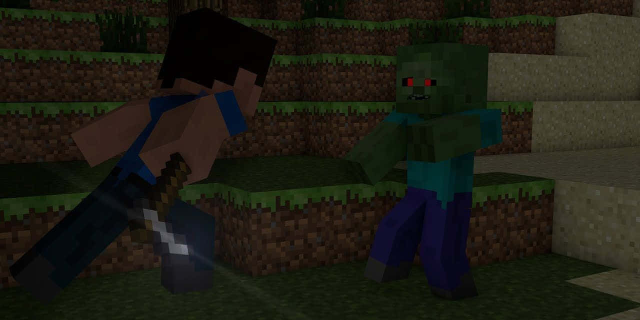 Minecraft Zombie 桌布 壁紙 — 一名穿著藍色盔甲的Minecraft玩家在黃昏時分，在一個方塊狀的草坡上與一隻眼睛發紅光的綠色殭屍戰鬥。