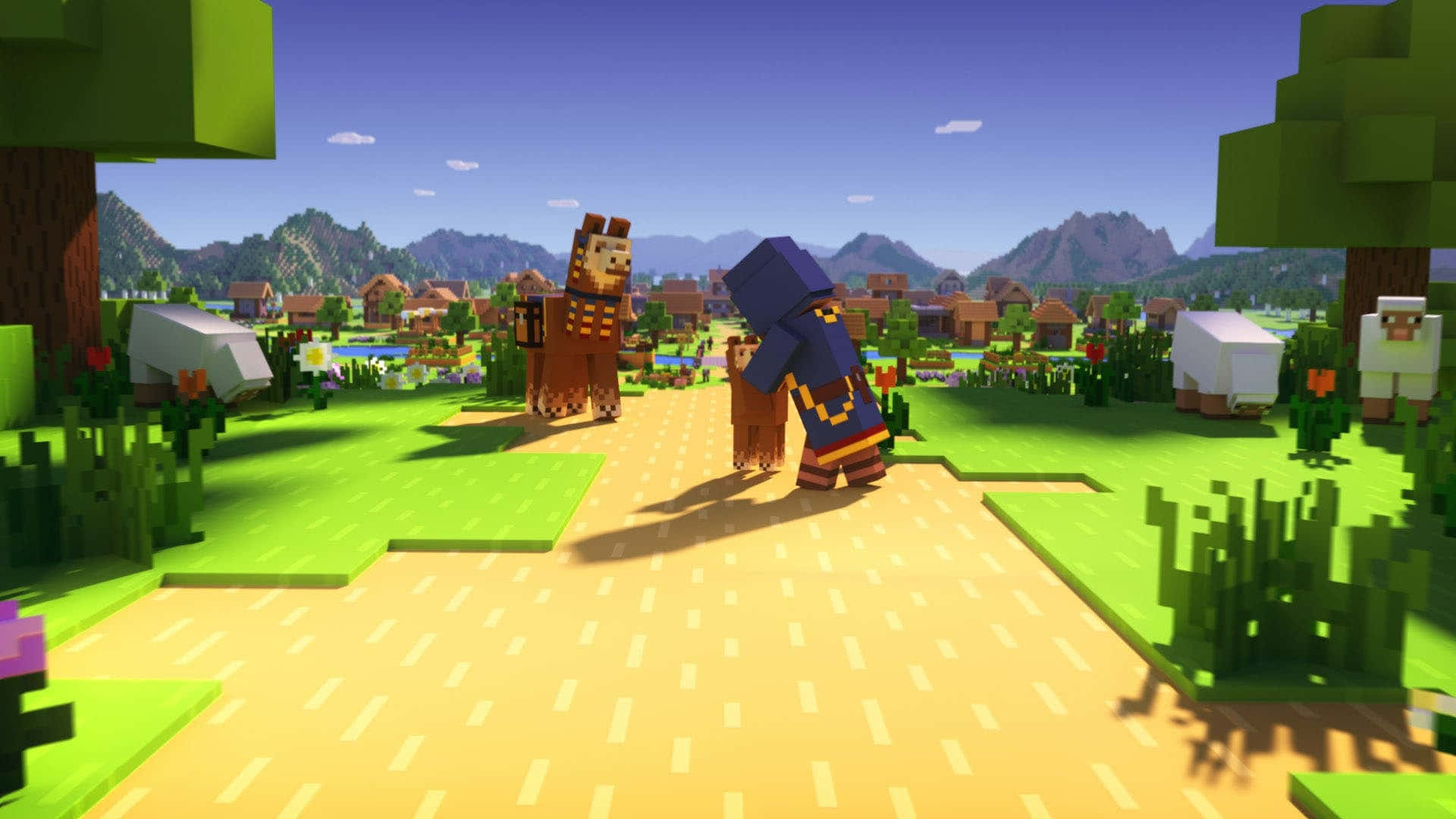 Minecraft Villagers 桌布 壁紙 — 一名穿著藍色盔甲的Minecraft玩家沿著沙路行走，經過像素化的動物和村莊房屋，在晴朗的藍天下。