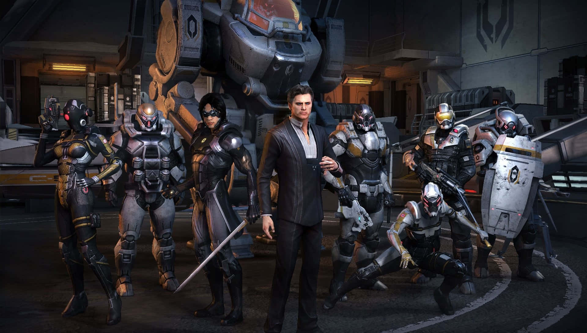 Mass Effect Characters 桌布 壁紙 — 一名穿著西裝的男子自信地站在一支裝甲未來士兵小隊和一個巨型機甲旁，背景是燈光昏暗的科幻機庫。