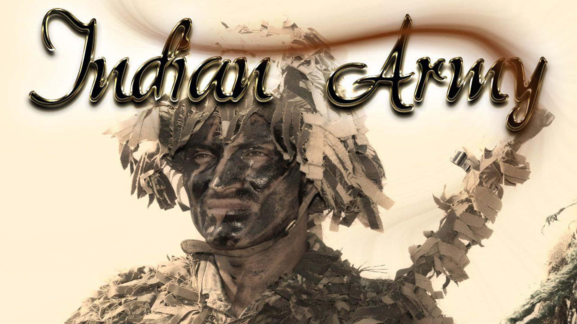 Indian Army 桌布 壁紙 — 一名穿著迷彩裝備的士兵，上方有優雅字體的「Indian Army」文字，背景為柔和米色。