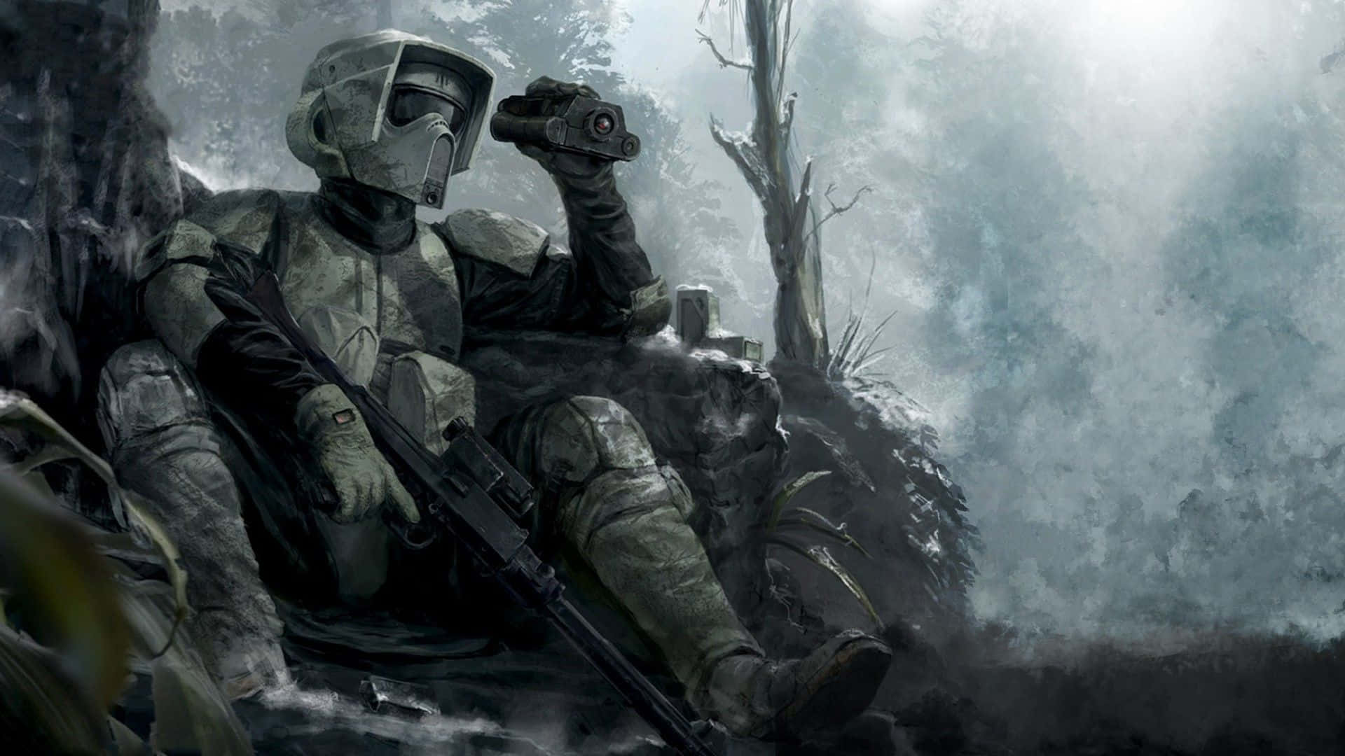 Imperial Army 桌布 壁紙 — 一名穿著迷彩裝備的士兵坐在霧氣瀰漫的森林中，手持望遠鏡，步槍放在身旁。