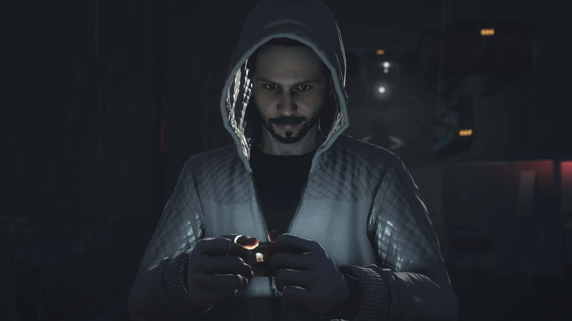 Desmond Miles 桌布 壁紙 — 一名穿著連帽外套的男子在夜晚黑暗的雨中城市小巷裡拿著一個發光的物體。