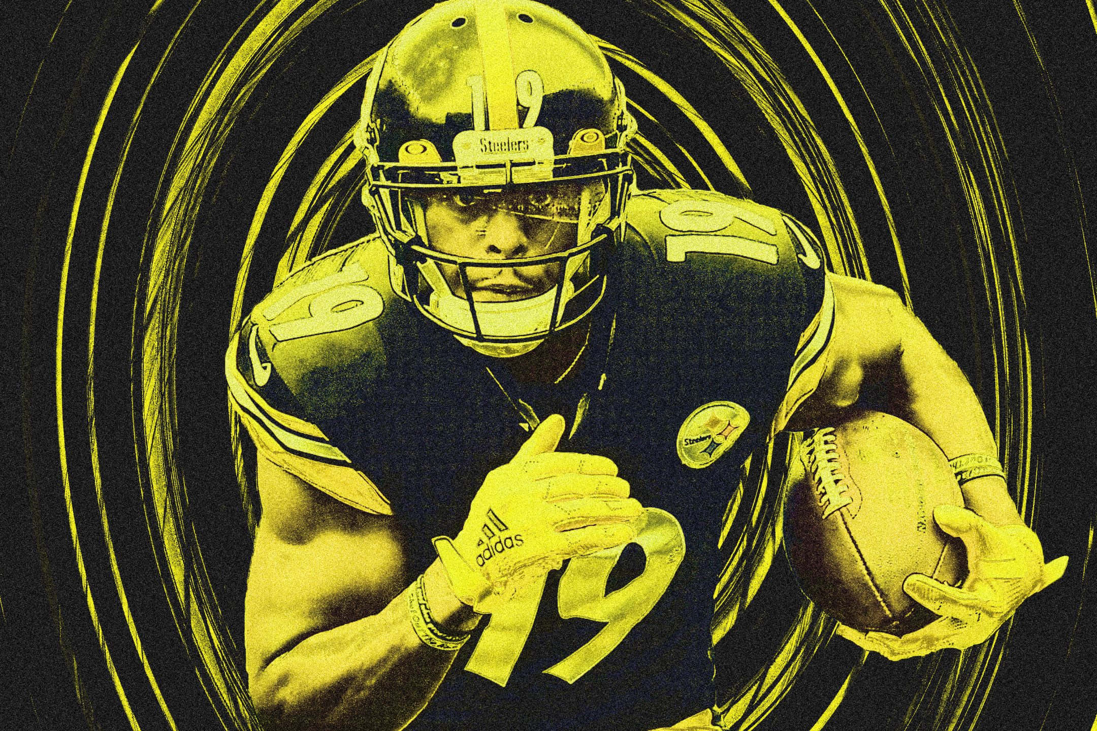 Juju Smith Schuster 桌布 壁紙 — 一名穿著鋼人隊球衣的足球員在旋轉的黃黑背景下帶球奔跑。