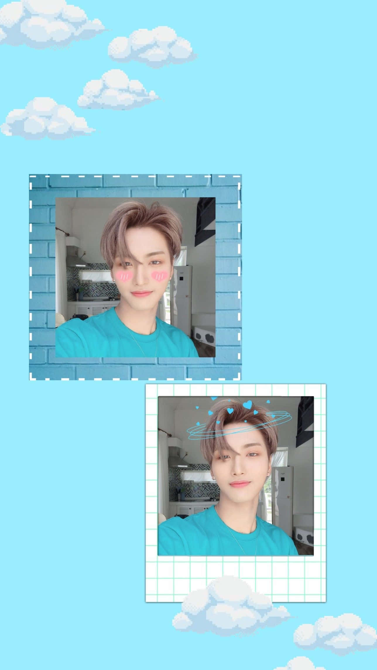 Kpop Kawaii 桌布 壁紙 — 一名穿著青綠色襯衫的年輕男子出現在兩張裱框照片中，背景是淺藍色的天空，有蓬鬆的雲朵和心形效果。
