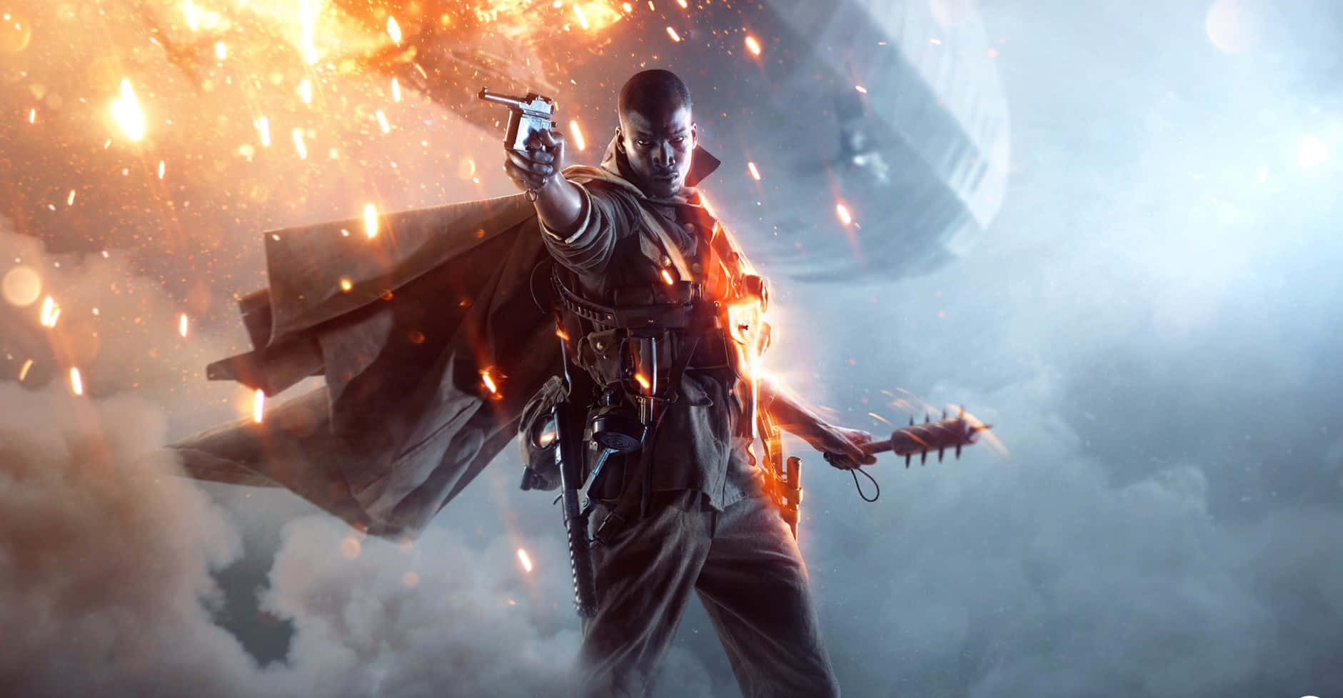 Battlefield 桌布 壁紙 — 一名穿著風衣的士兵在多雲的天空下，於烈火爆炸和煙霧中開槍射擊。