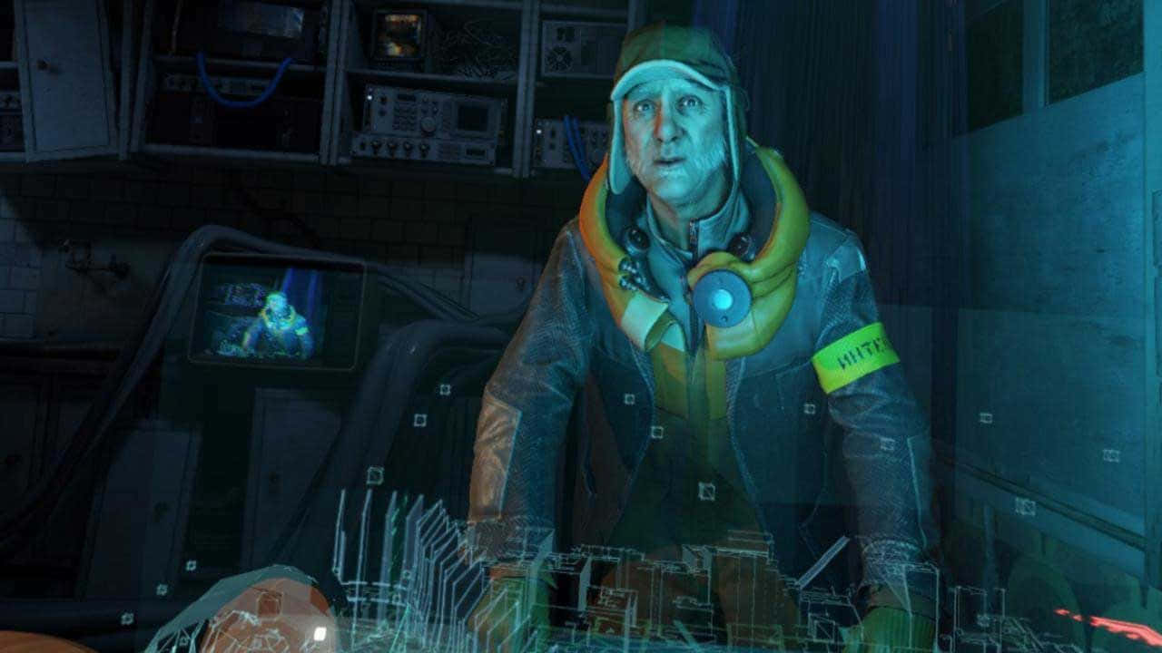 Half-life Characters 桌布 壁紙 — 一名穿著高科技防護服、戴著發光黃色領子和「HITF」臂章的男子，在燈光昏暗、雜亂的實驗室裡專注地凝視著全息界面。