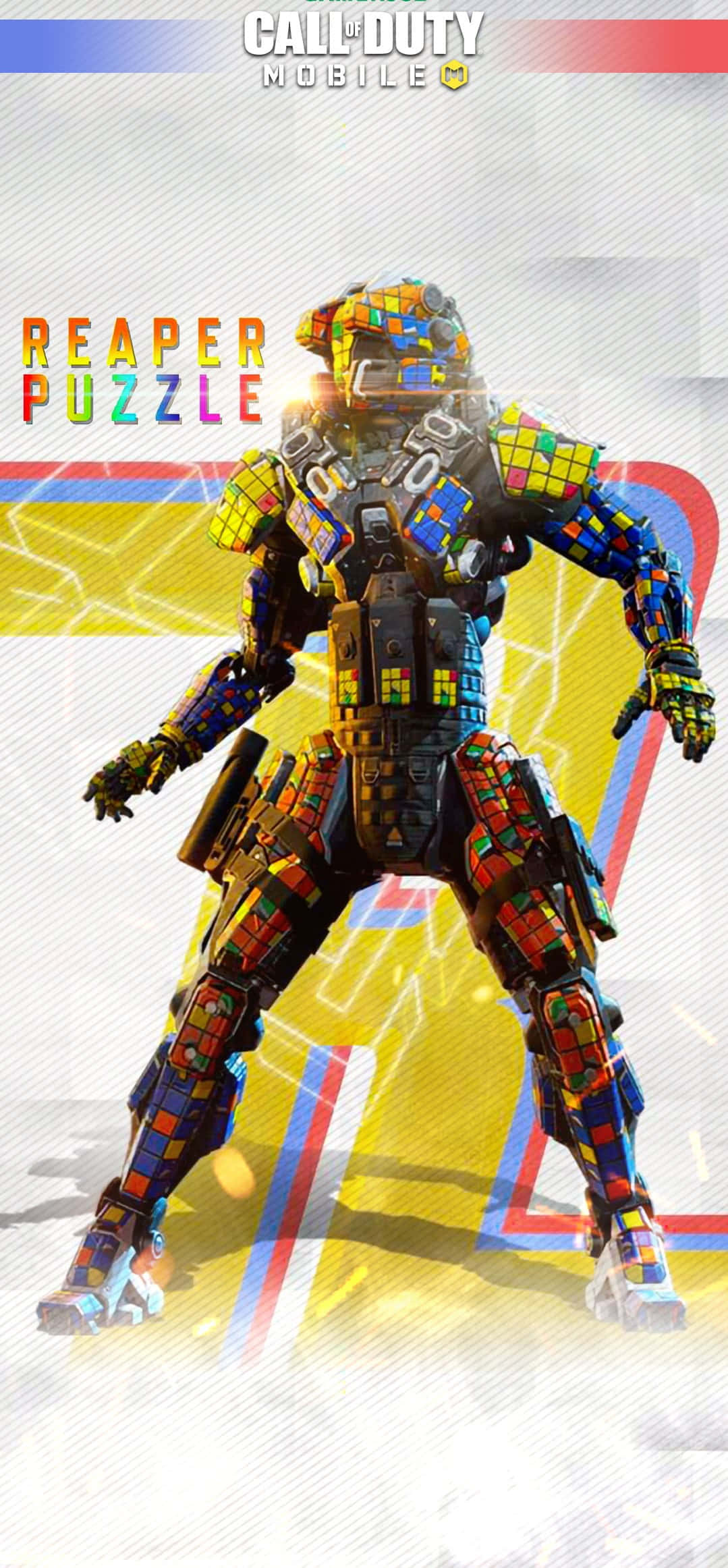Cod Mobile Character Skins 桌布 壁紙 — 一名穿著魔術方塊主題盔甲的士兵在充滿活力的遊戲壁紙中準備就緒。