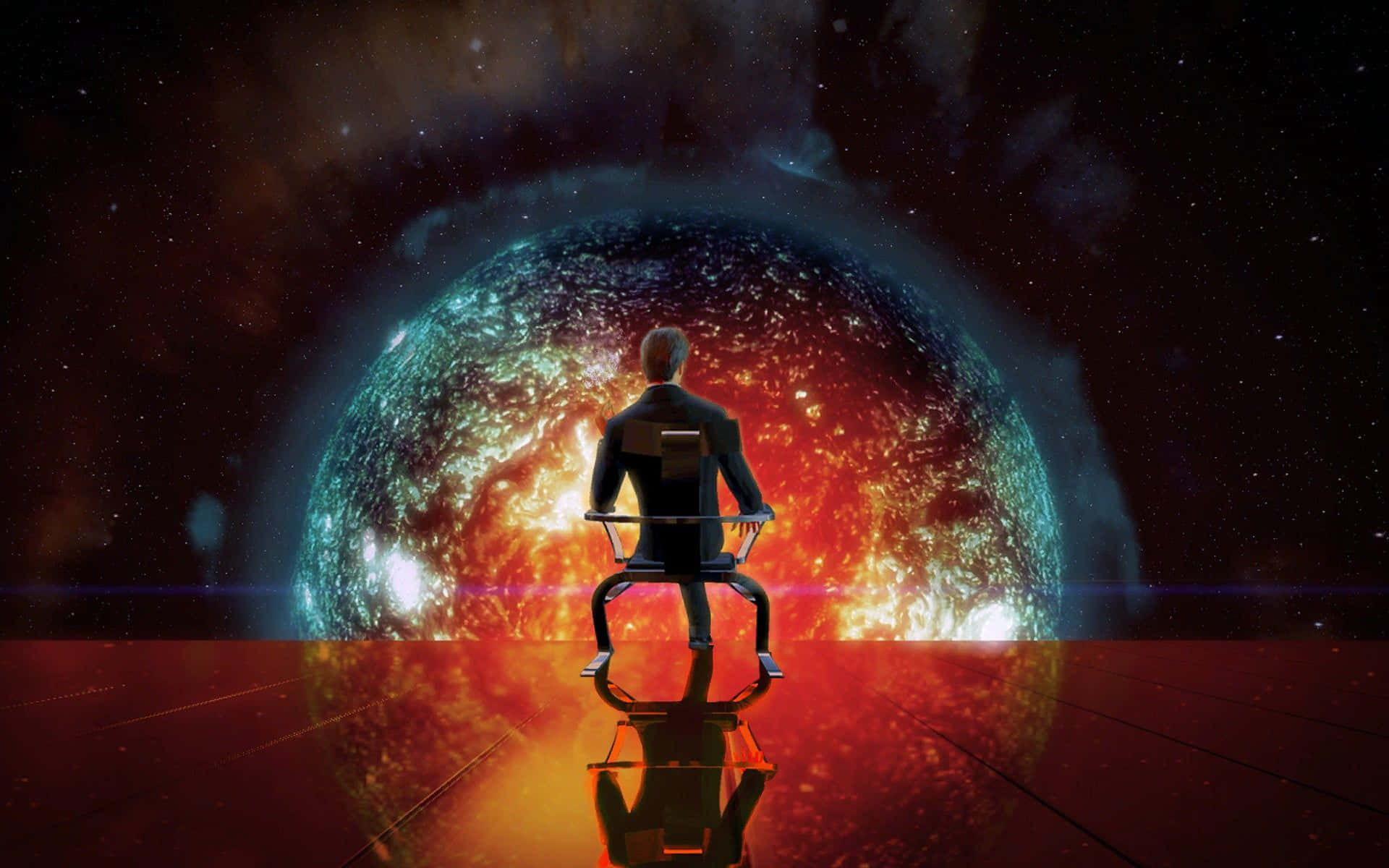 Illusive Man 桌布 壁紙 — 一名穿西裝的男子坐在椅子上，面對一顆發光的宇宙行星，周圍有火熱的橙色和藍綠色星雲，背景是星空虛空。