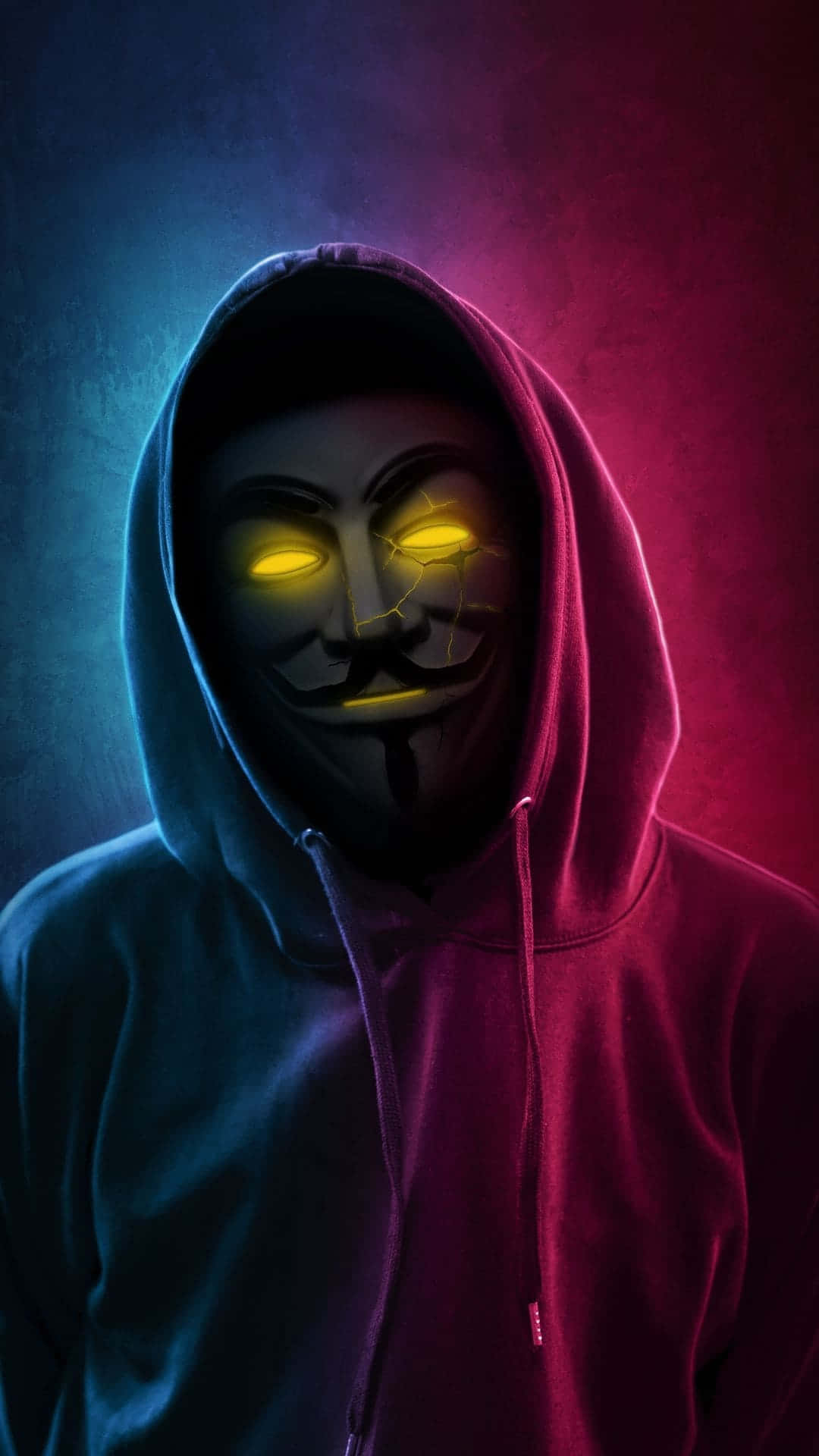 Anonymous 桌布 壁紙 — 一名穿連帽衫的人戴著發光的黃眼蓋伊·福克斯面具，背景是藍色和紅色的霓虹燈。