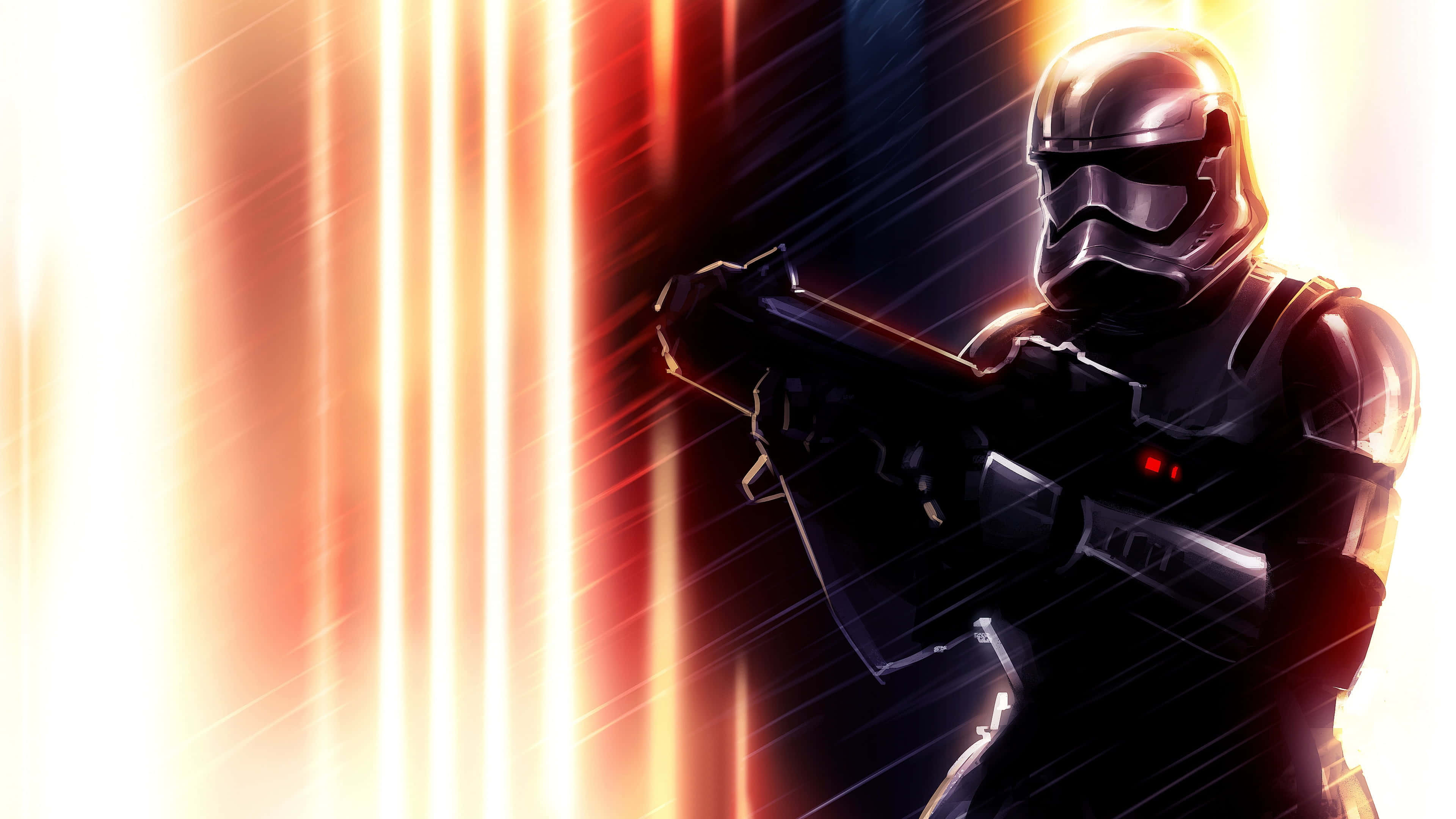 Captain Phasma 桌布 壁紙 — 一名第一軍團的風暴兵以剪影姿態站立，背景是耀眼的橙色和紅色光條。