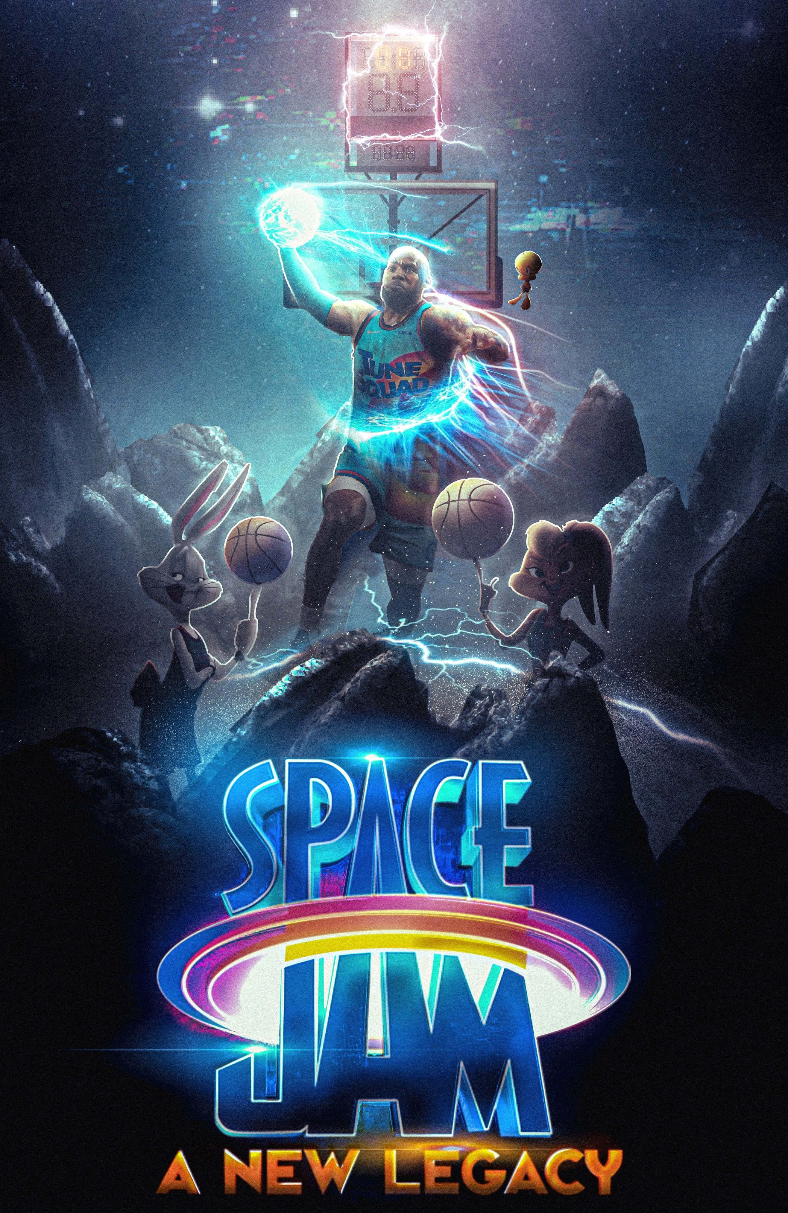 Space Jam A New Legacy 桌布 壁紙 — 一名籃球運動員和Looney Tunes角色在星空下閃耀的宇宙競技場中戰鬥。