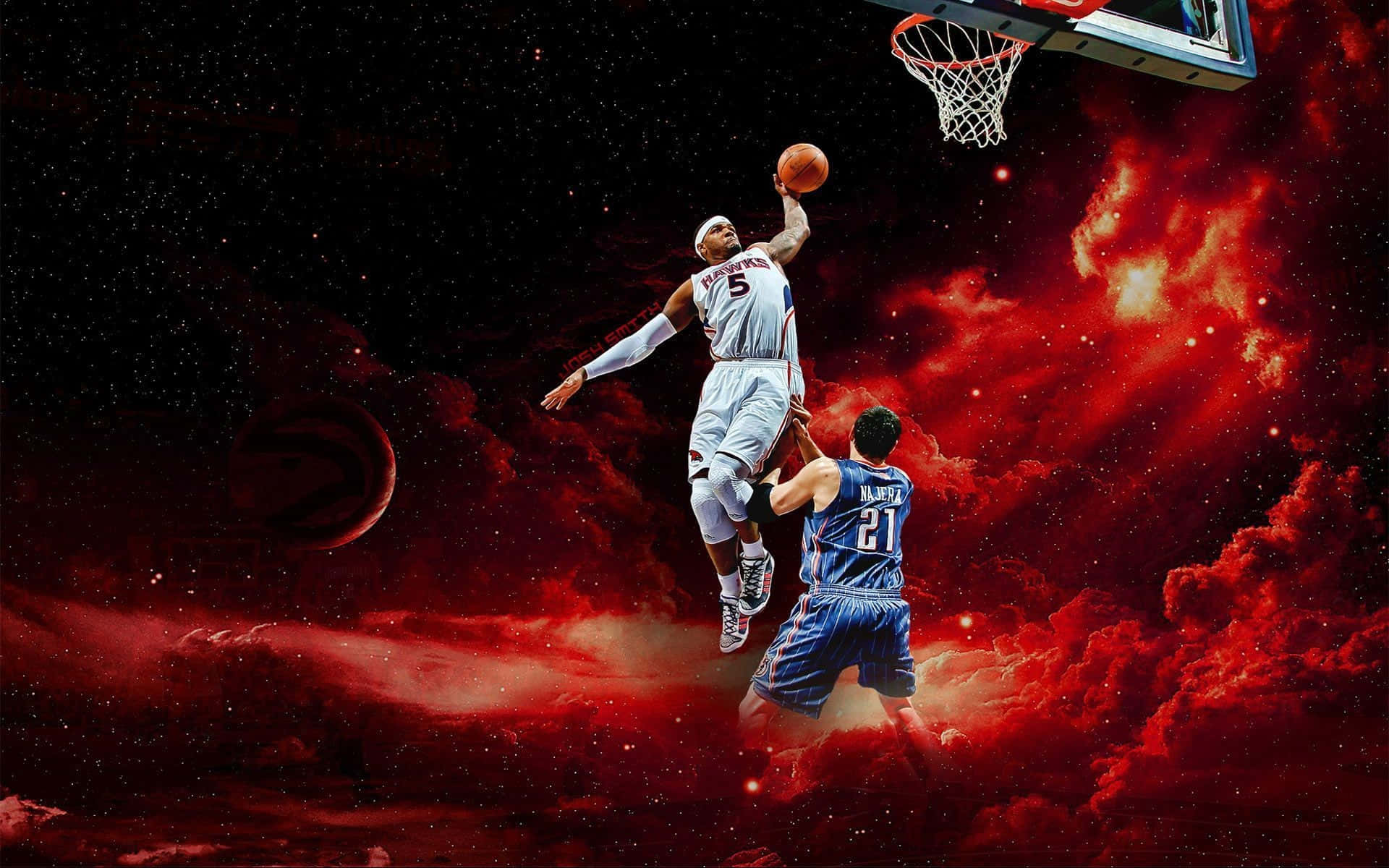 Cool Basketball 桌布 壁紙 — 一名籃球運動員在半空中灌籃，背景是宇宙紅色星雲，下方有一名防守球員。