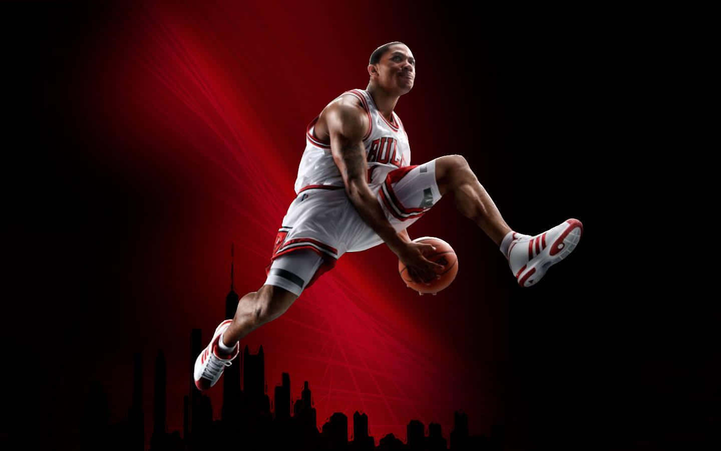 Cool Basketball 桌布 壁紙 — 一名籃球運動員在半空中運球，背景是紅色放射狀的城市天際線剪影。