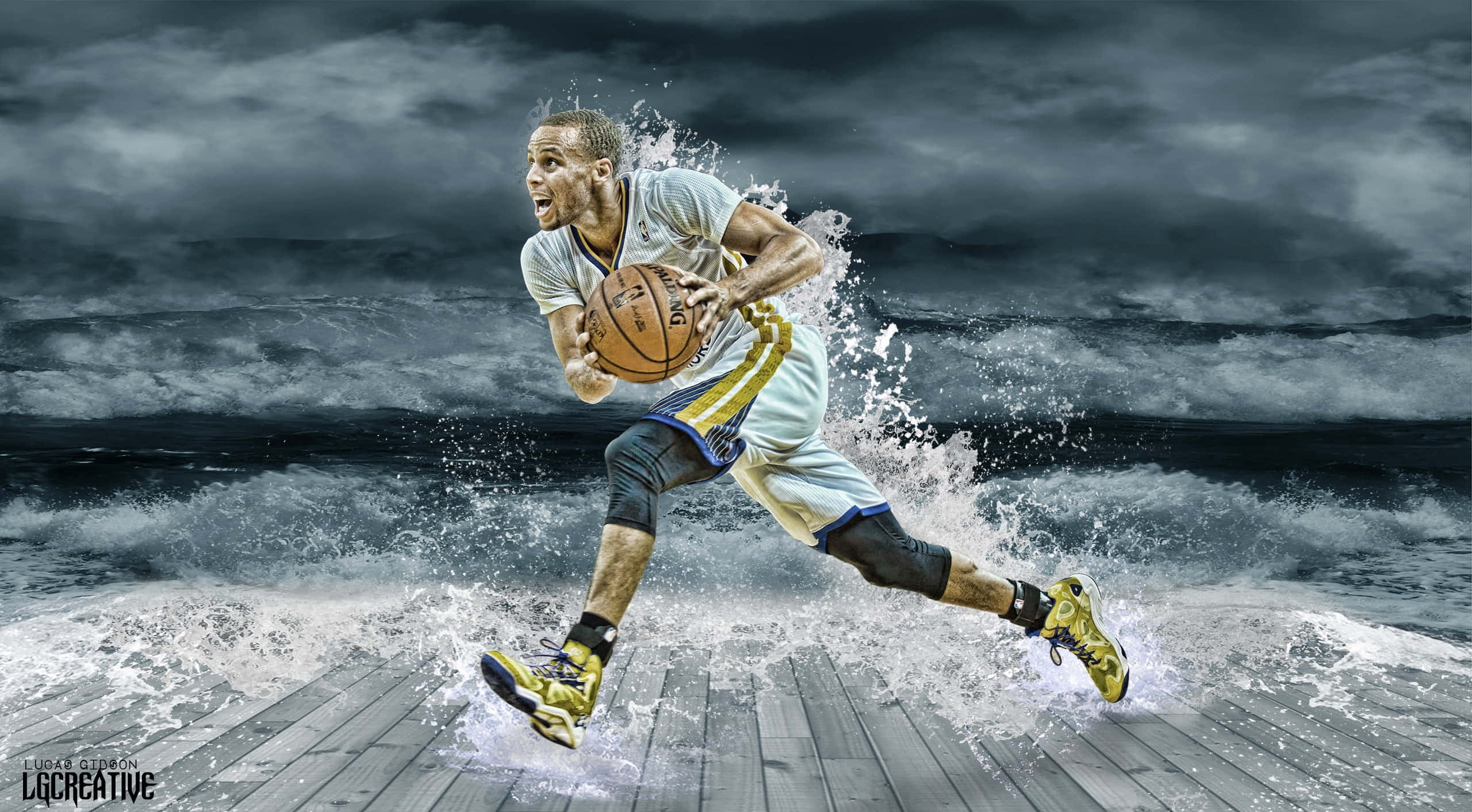 steph curry 桌布 壁紙 — 一名籃球運動員在暴風雨的天空下，在木製碼頭上運球穿過洶湧的海浪。