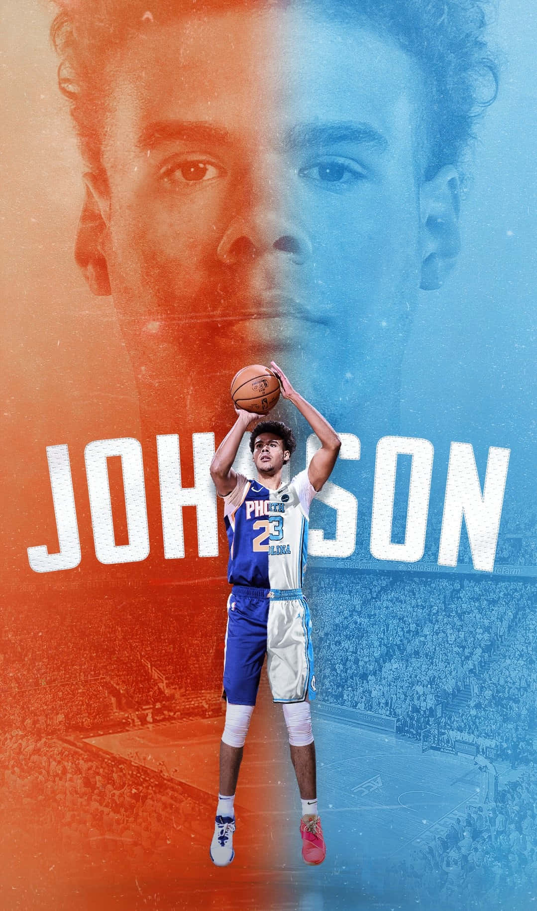 Cameron Johnson 桌布 壁紙 — 一名籃球運動員正在投籃，背景是他分為兩半的肖像，色調為橙色和藍色。