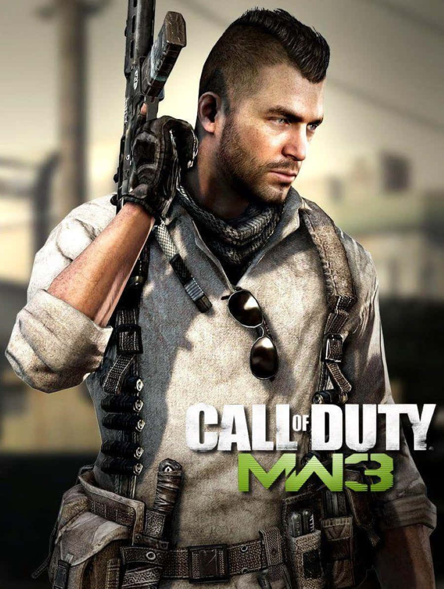 Soap Mactavish 桌布 壁紙 — 一名粗獷的士兵，留著莫霍克頭，手持步槍，站在戰火摧殘的城市環境中，穿著戰術裝備和太陽眼鏡。