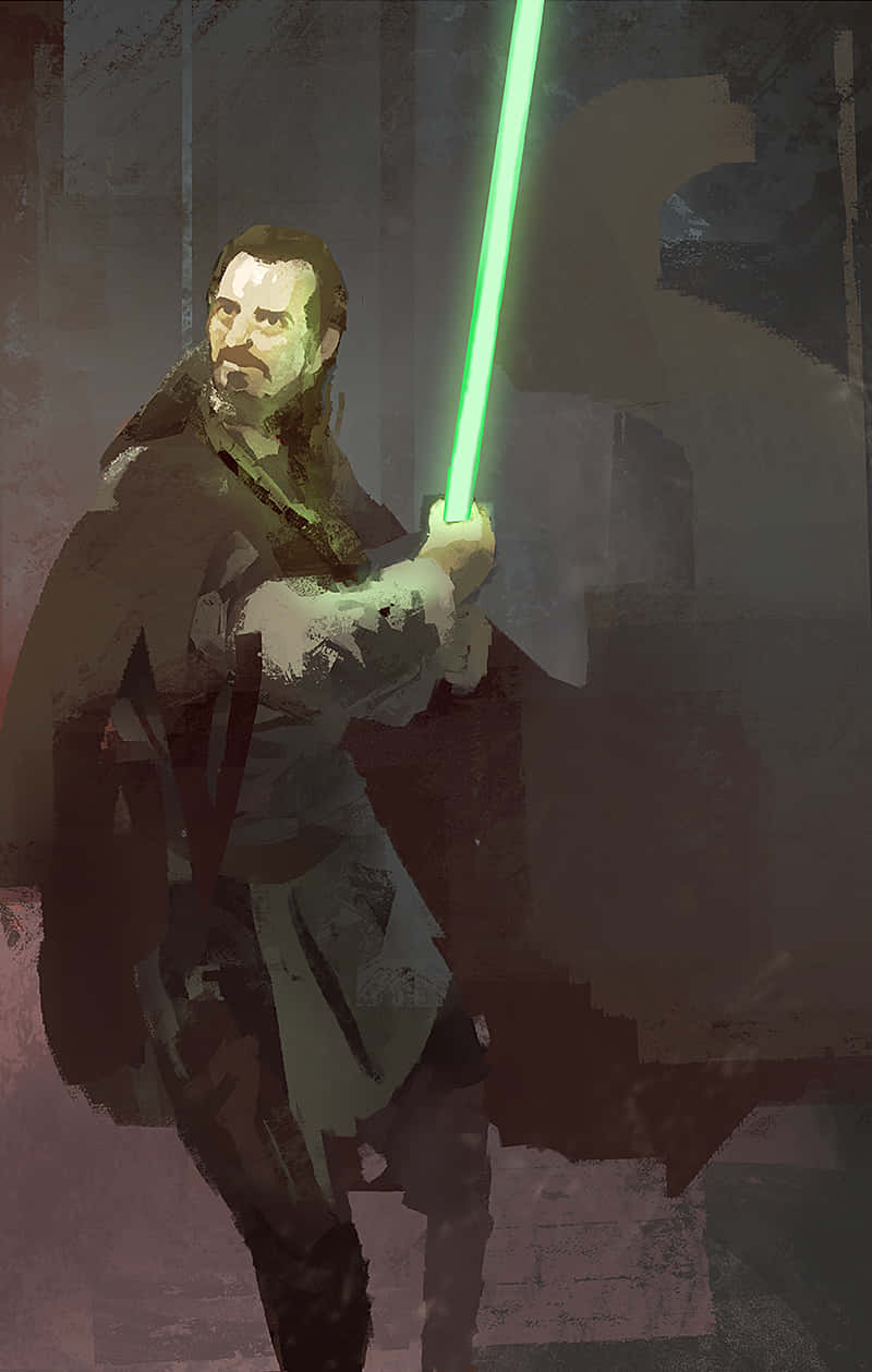 Qui-gon Jinn 桌布 壁紙 — 一名絕地武士在 gritty、畫家風格的科幻場景中揮舞著發光的綠色光劍，色調柔和，燈光戲劇化。