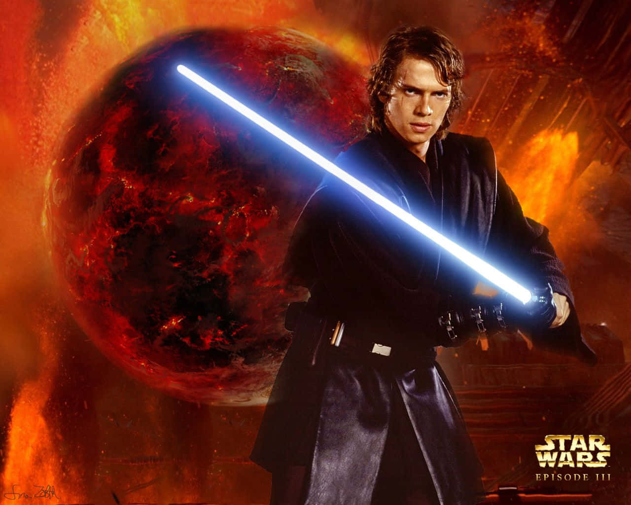 Mustafar 桌布 壁紙 — 一名絕地武士在熾熱的紅色星球背景下揮舞著發光的藍色光劍，構成戲劇性的科幻場景。