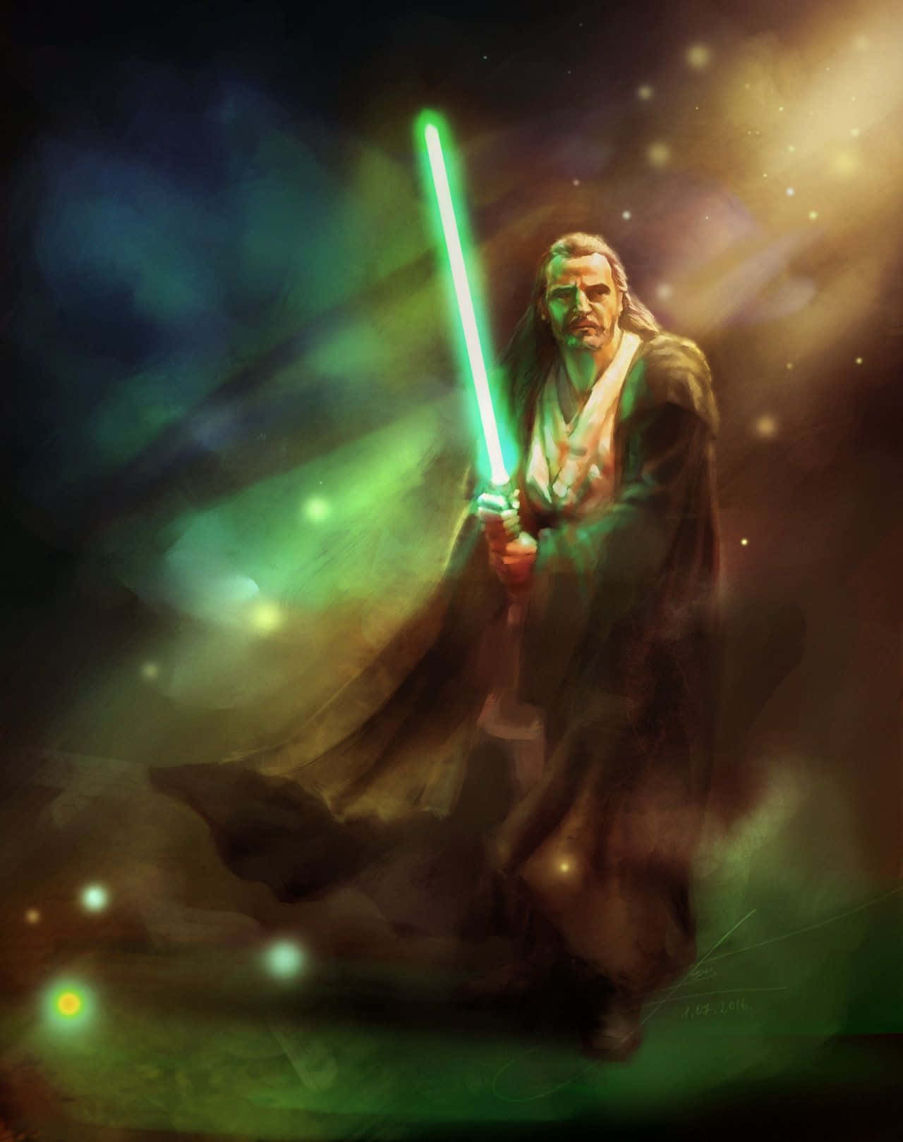 Qui-gon Jinn 桌布 壁紙 — 一名絕地武士手持發光的綠色光劍，站在漩渦星雲和星光交織的宇宙背景前，蓄勢待發。