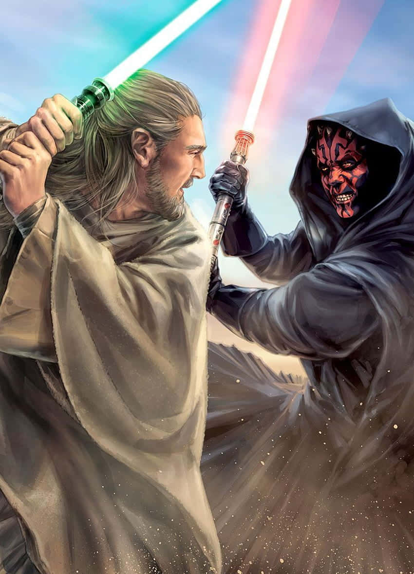 Qui-gon Jinn 桌布 壁紙 — 一名絕地武士與達斯摩爾在充滿旋轉塵埃的鮮豔天空下展開一場戲劇性的光劍決鬥。