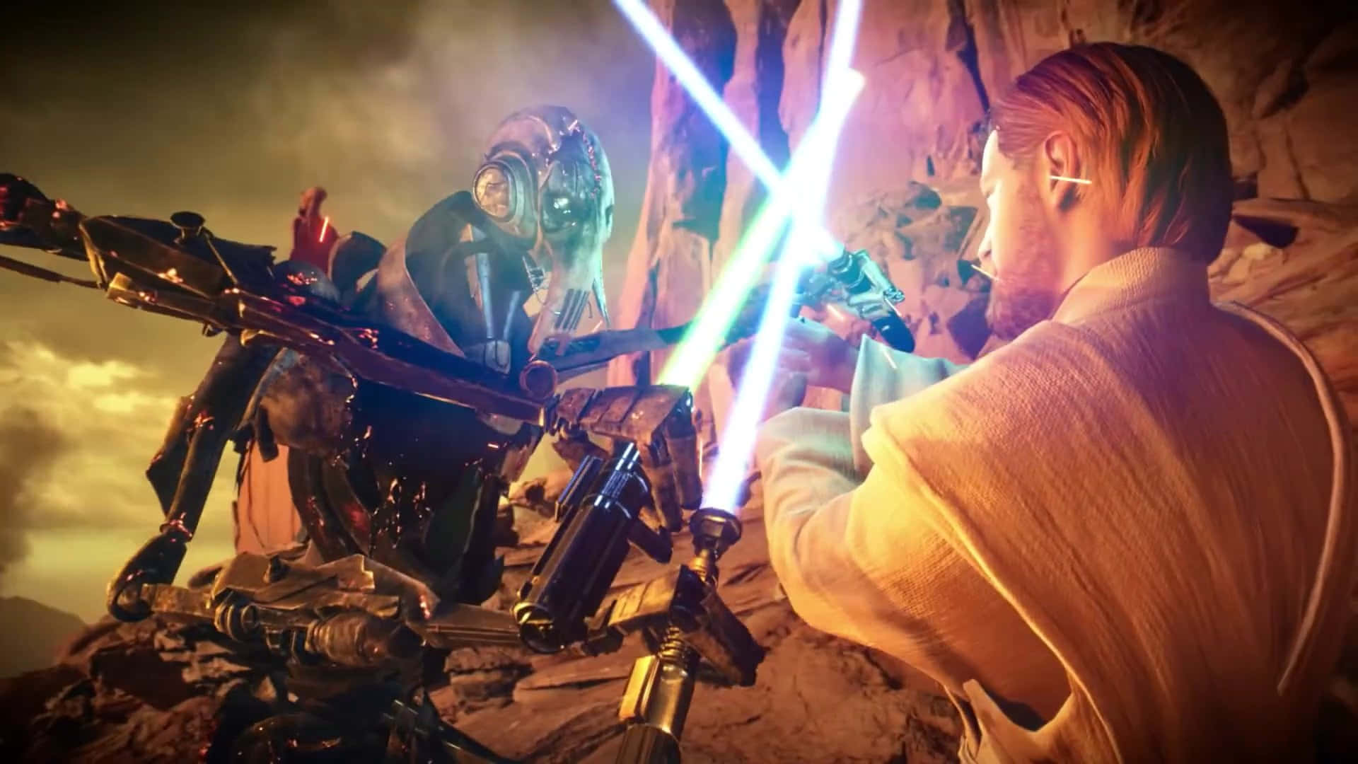 The Battle Of Geonosis 桌布 壁紙 — 一名絕地決鬥者在日落時分的岩石峽谷中與機械敵人交鋒，手持發光的藍色光劍。