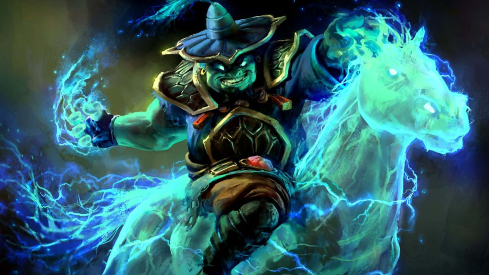 Dota 2 Heroes 桌布 壁紙 — 一名綠色皮膚的戰士身穿華麗盔甲，騎著一匹發光的藍色幽靈馬，揮舞著噼啪作響的閃電能量。