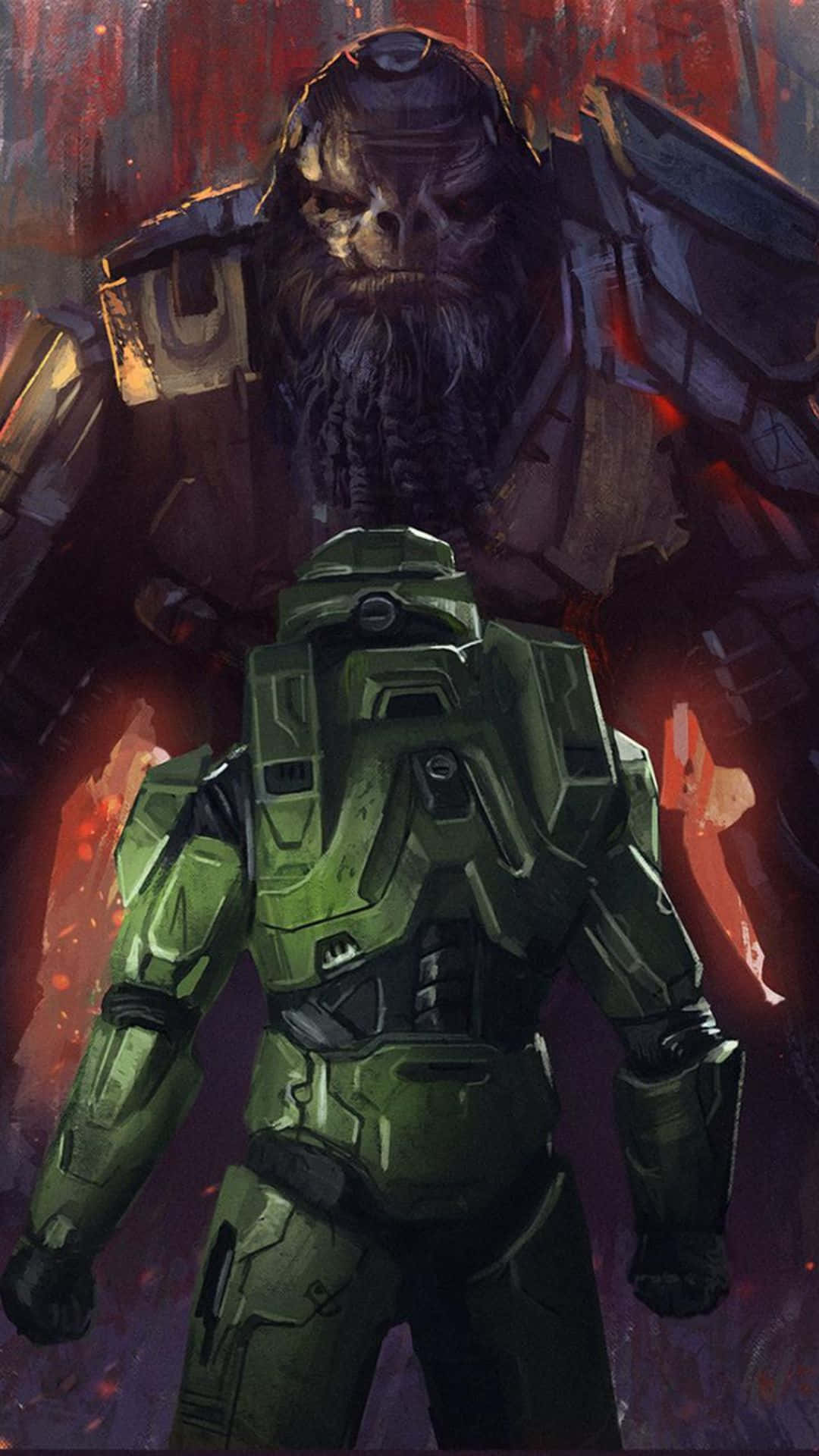 Atriox 桌布 壁紙 — 一名綠色裝甲士兵站在一個高大的鬍鬚外星戰士面前，背景是火紅和紫色的。