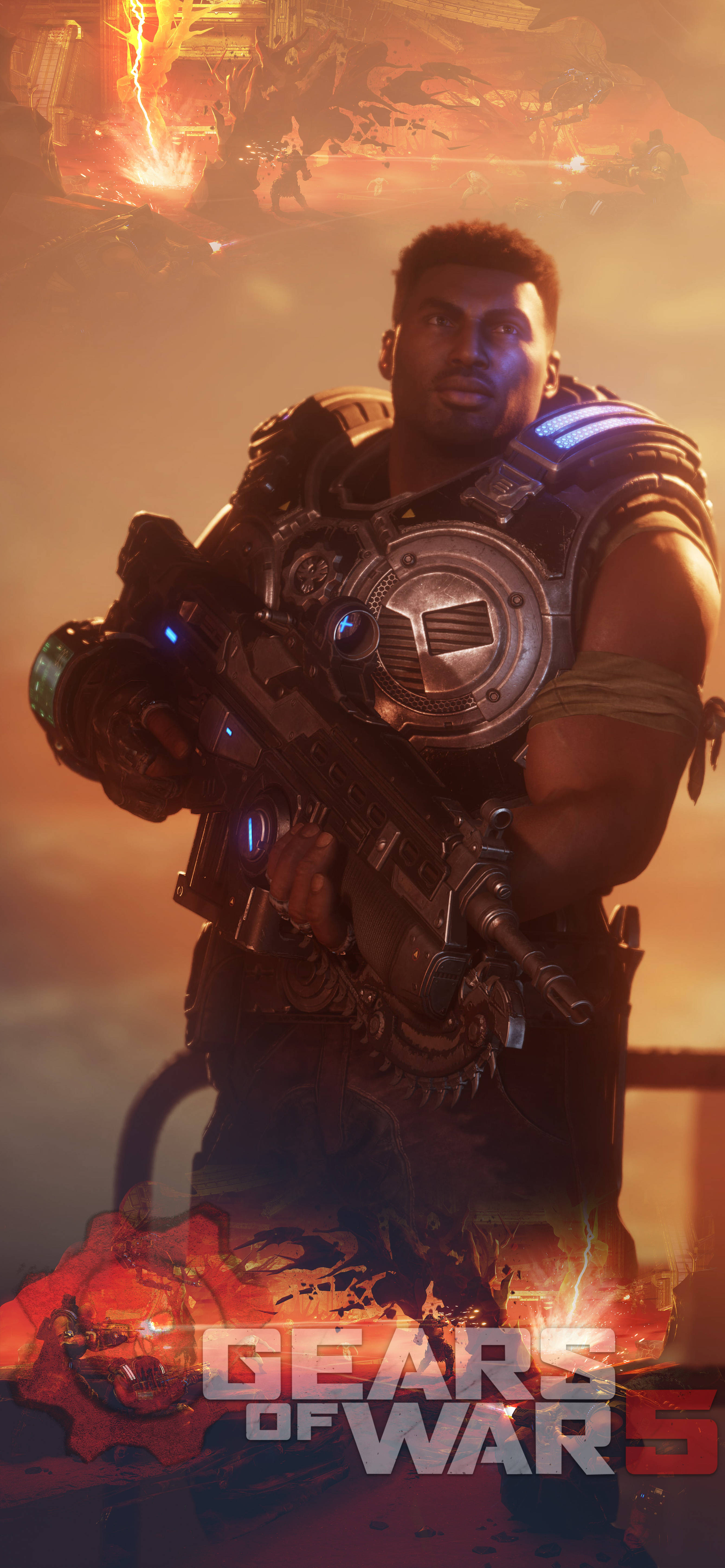 gears 5 iPhone 桌布 壁紙 — 一名肌肉發達的士兵身穿重型盔甲，在熾熱的戰場背景下，手持未來武器，散發著橙紅色的光芒。