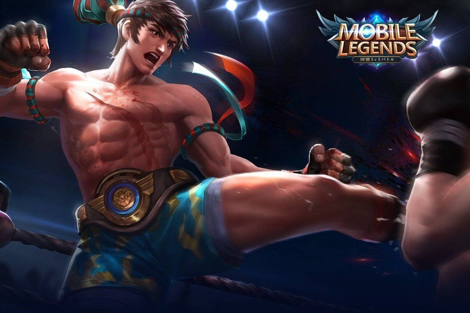 Mobile Legends 桌布 壁紙 — 一名肌肉發達的拳擊手在拳擊場上，在明亮的場館燈光下發出強力踢擊，帶有發光效果。