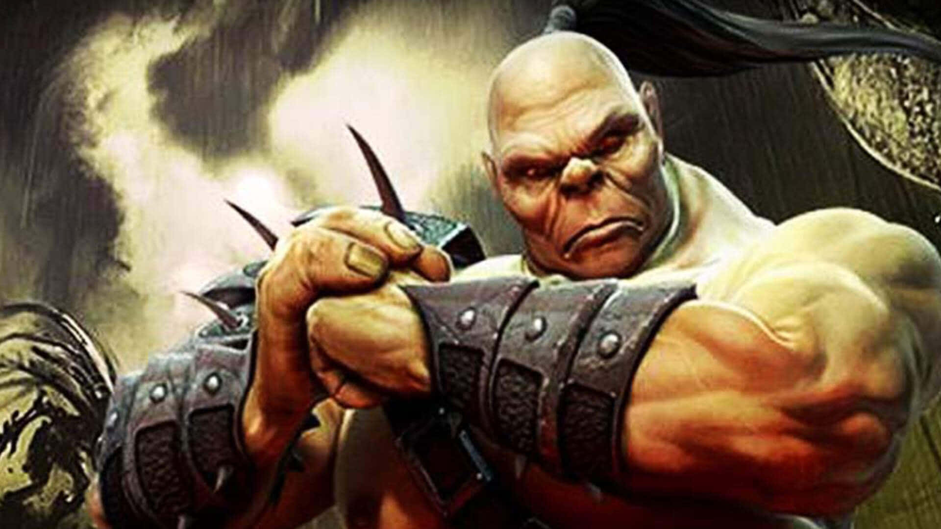 Mortal Kombat Goro 桌布 壁紙 — 一名肌肉發達的獸人戰士，戴著尖刺護手，在風暴和煙霧彌漫的戰場上緊握武器。