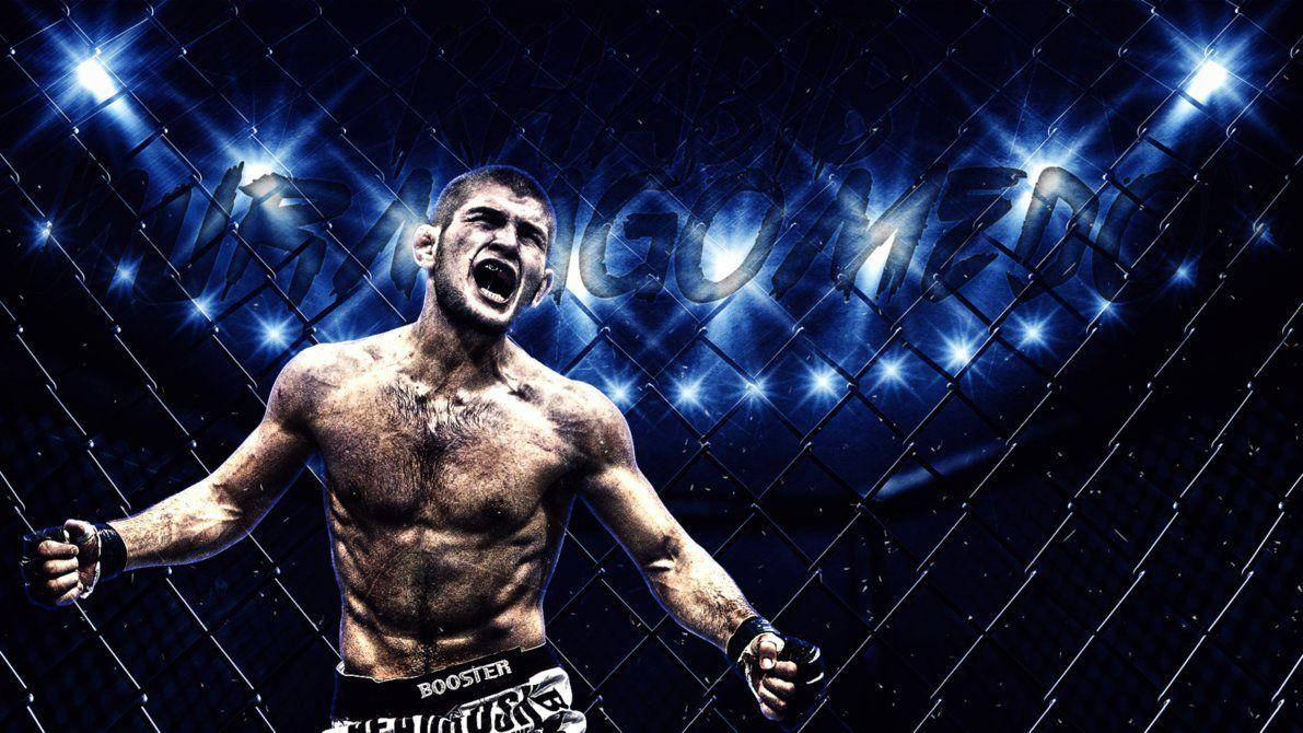 UFC 桌布 壁紙 — 一名肌肉發達的鬥士在藍色燈光的八角籠內，在閃爍的聚光燈下發出勝利的咆哮。