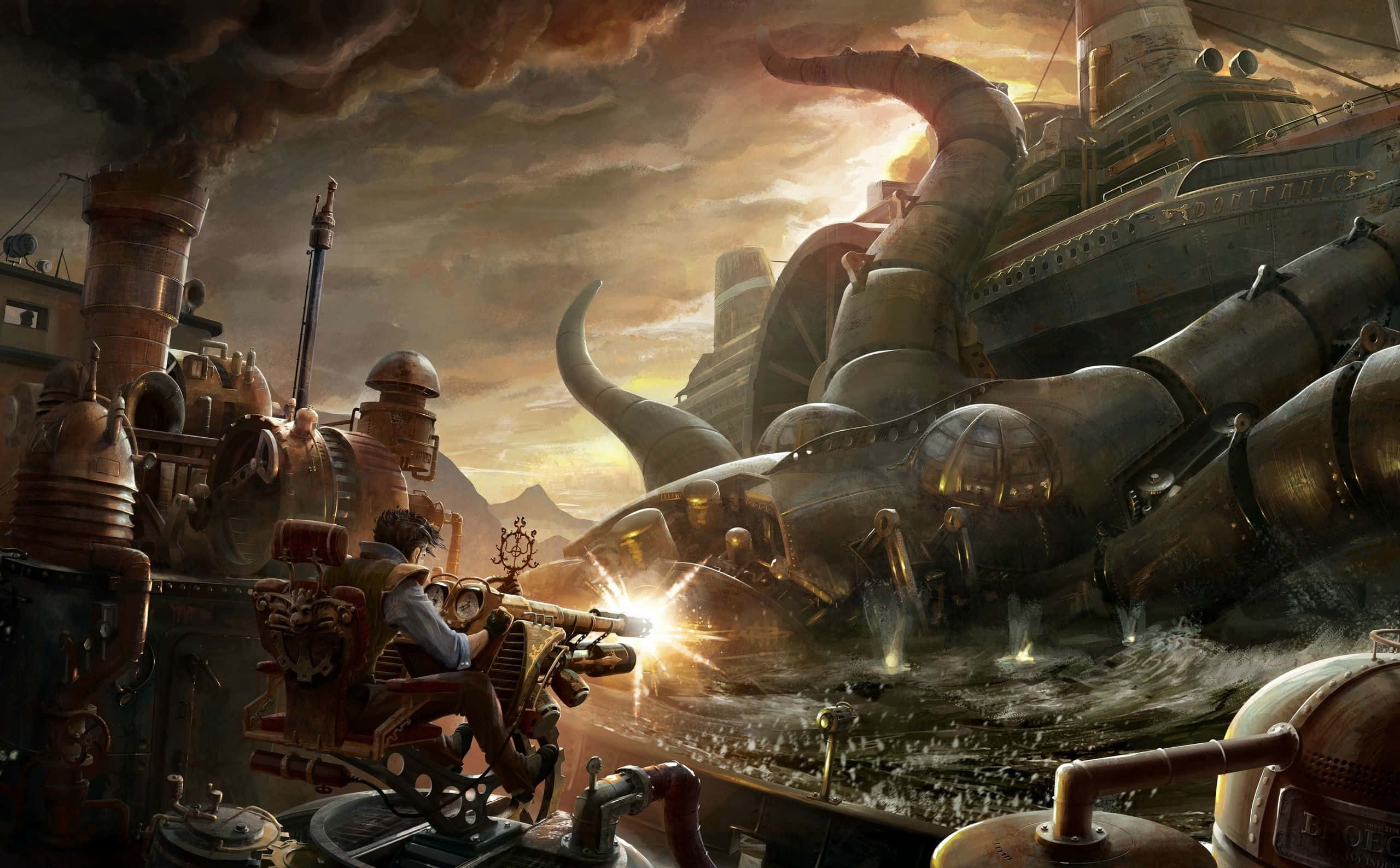 Dark Steampunk 桌布 壁紙 — 一名蒸氣龐克戰士在日落時分向從暴風海中出現的巨大機械野獸發射發光的大砲。