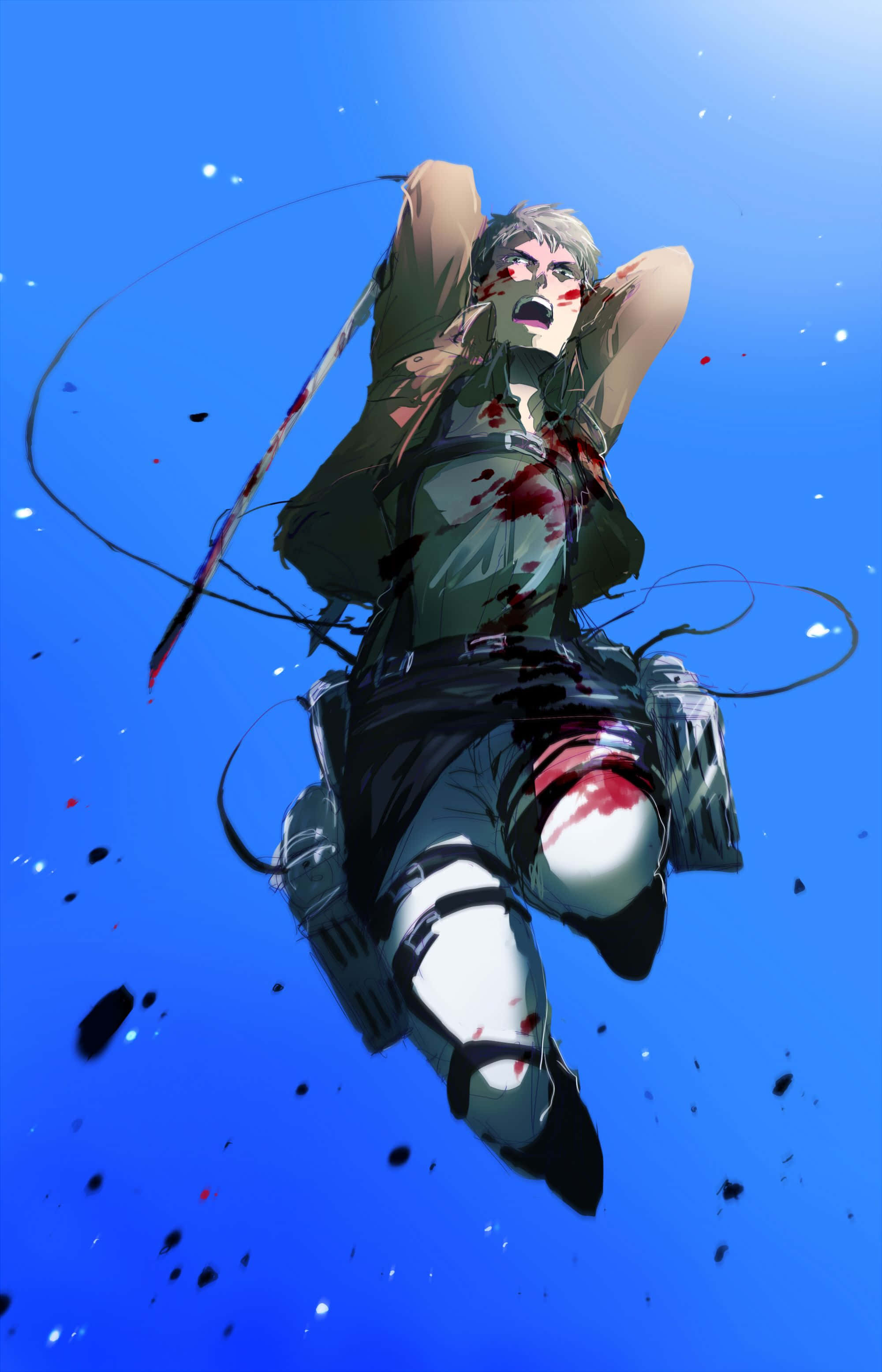 Jean Kirstein 桌布 壁紙 — 一名血跡斑斑的動畫士兵在鮮豔的藍天中翱翔，揮舞著彎曲的刀刃，動作充滿動感，血花四濺。