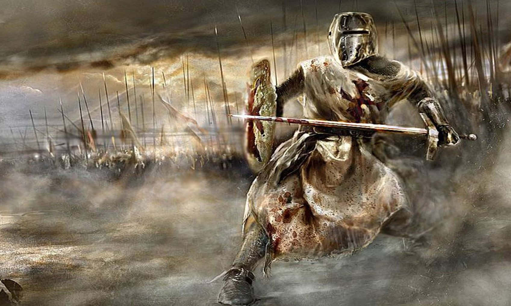 Crusader 桌布 壁紙 — 一名血跡斑斑的騎士身著全副盔甲，拔劍衝過充滿敵軍長矛的暴風雨戰場。