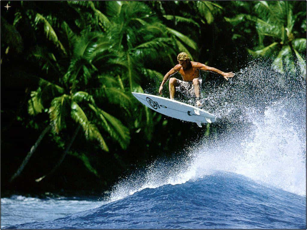 surfing 桌布 壁紙 — 一名衝浪者在明亮的陽光下，背景是茂密的綠色棕櫚樹，乘著強勁的海浪。