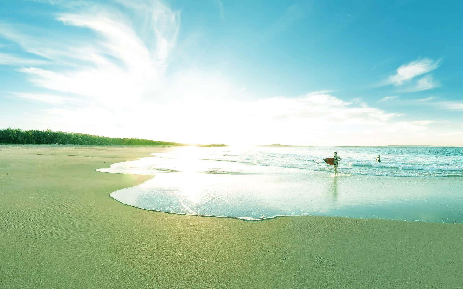 surfing 桌布 壁紙 — 一名衝浪者在金色日出時走進碧綠的海浪中，身後是寬闊的沙灘，遠處有茂密的綠樹。