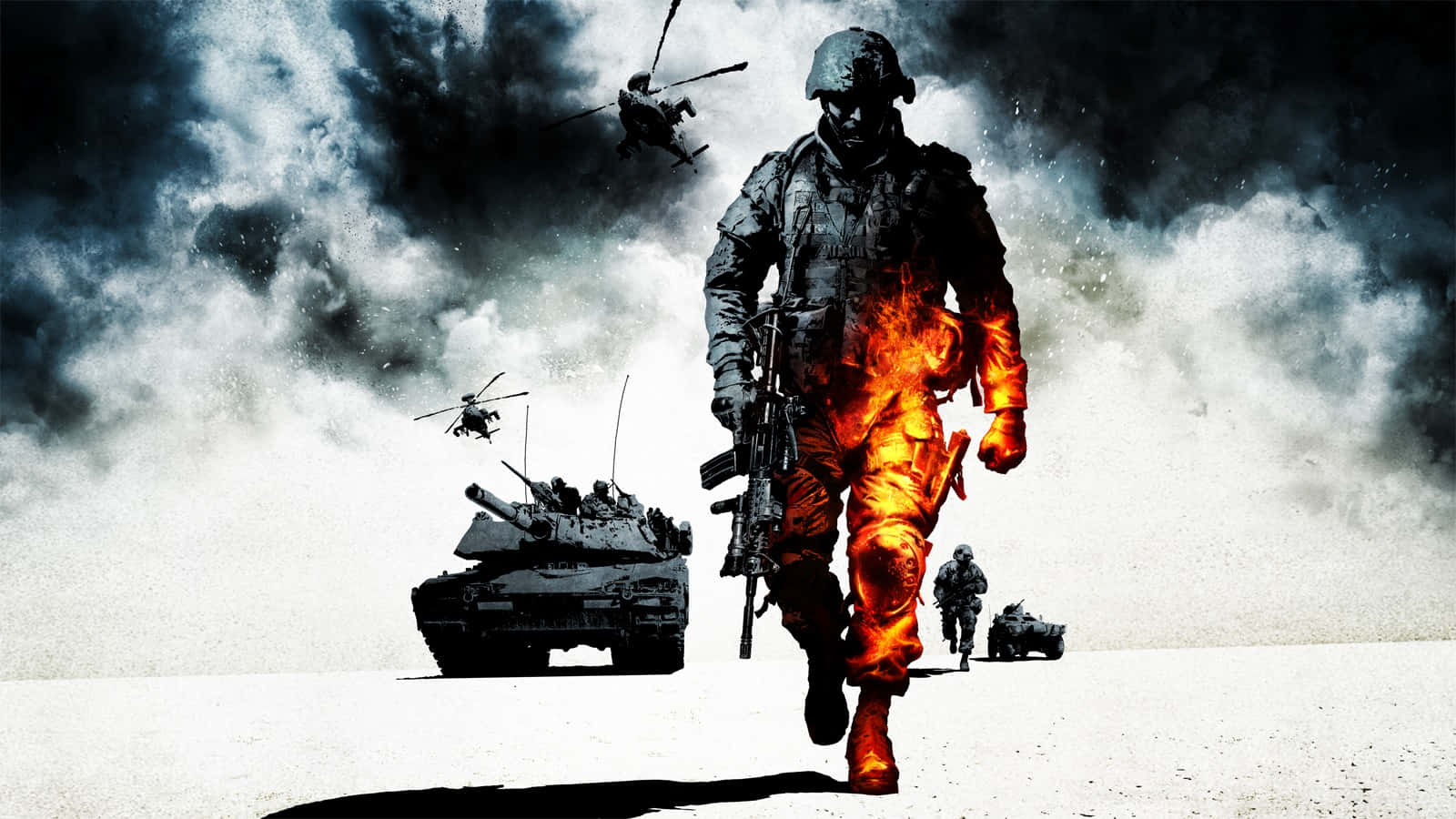 3d Gaming 桌布 壁紙 — 一名被火焰吞噬的士兵向前邁進，坦克和直升機在暴風雨般的戰場上戰鬥。