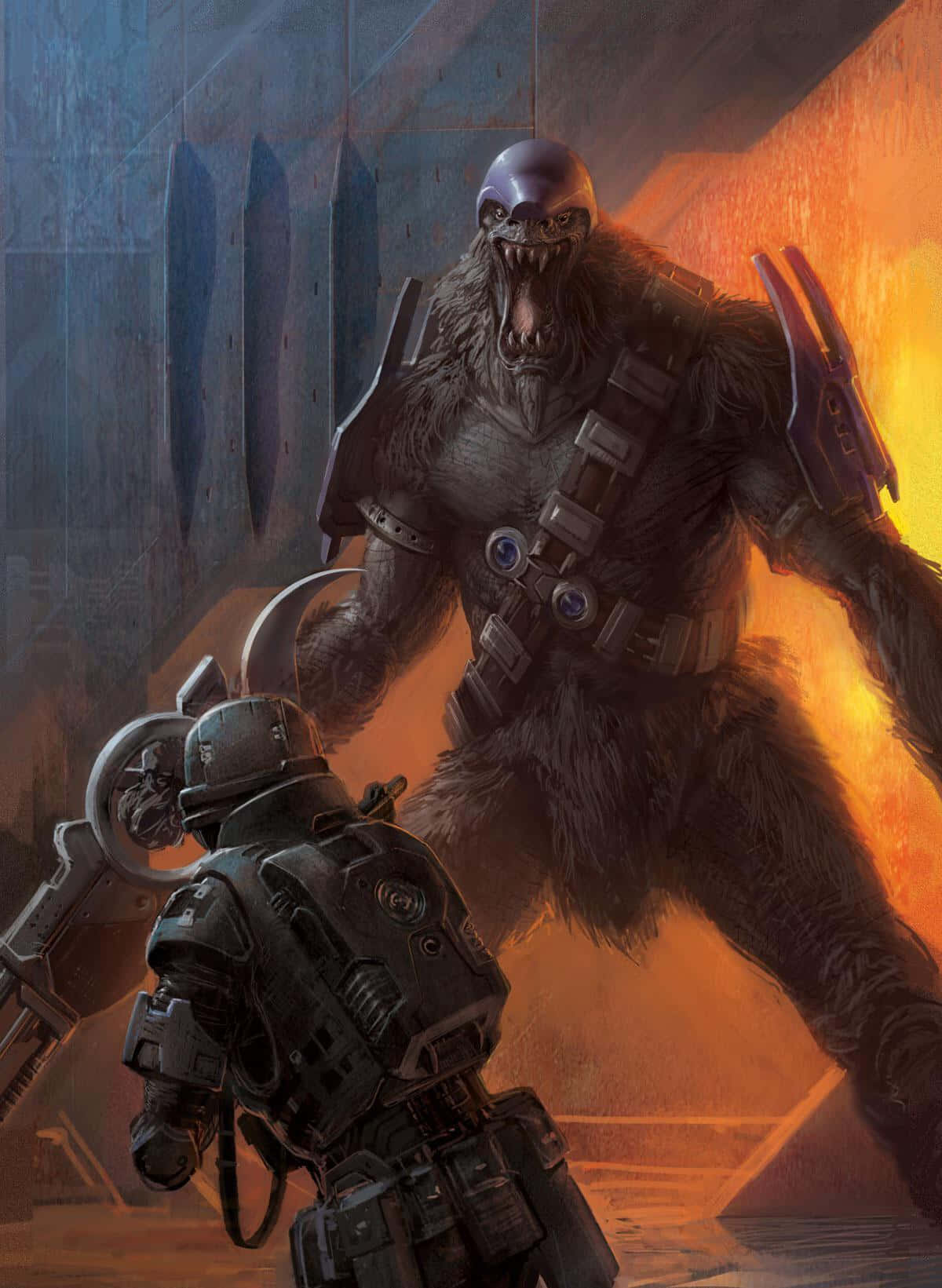 Halo Brutes 桌布 壁紙 — 一名裝甲士兵在烈火工業走廊中面對一隻高聳的野獸。