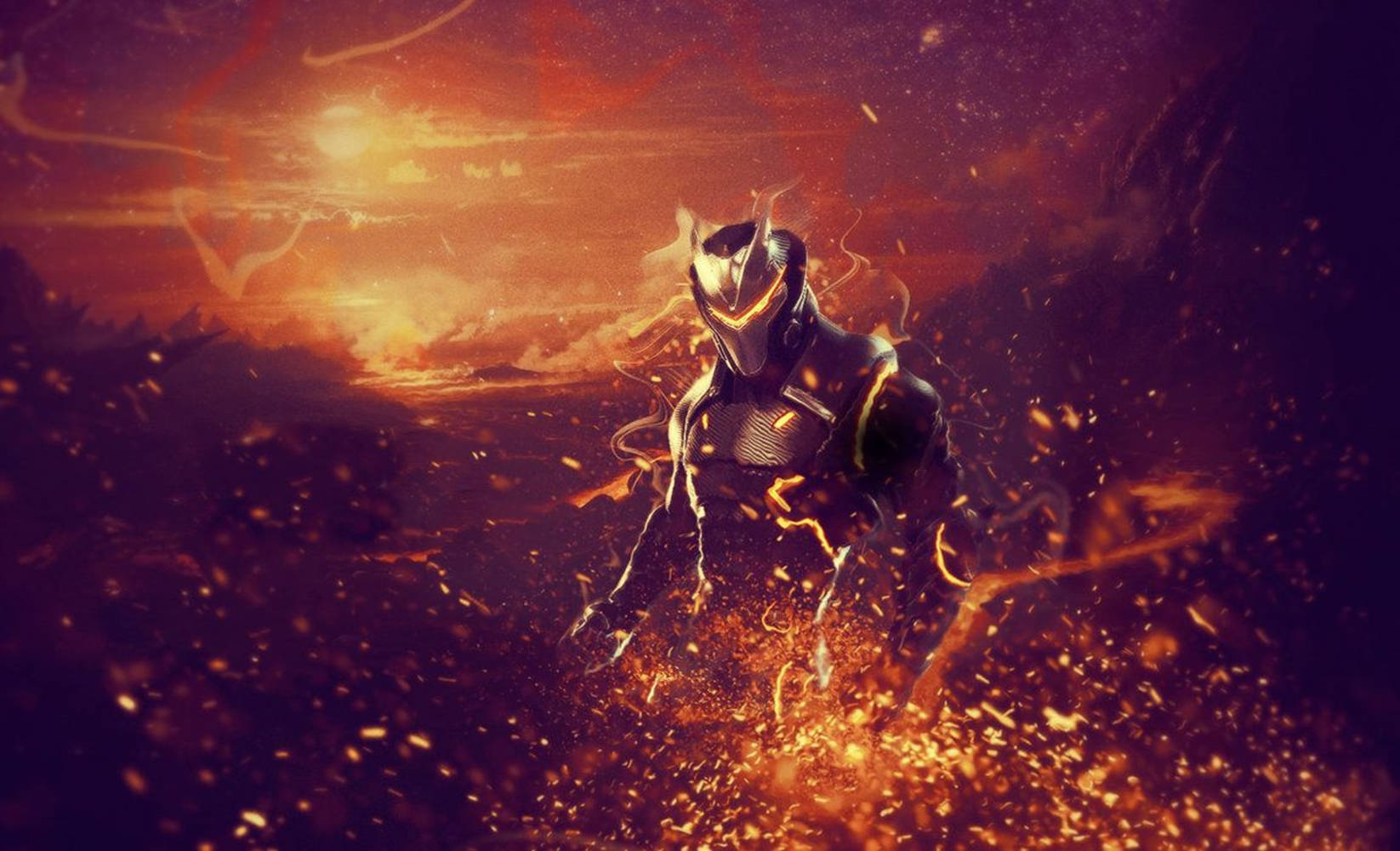 Fortnite 桌布 壁紙 — 一名裝甲戰士從熾熱的火花中出現，背景是戲劇性的日落天空，帶有發光的橙色和紫色色調。
