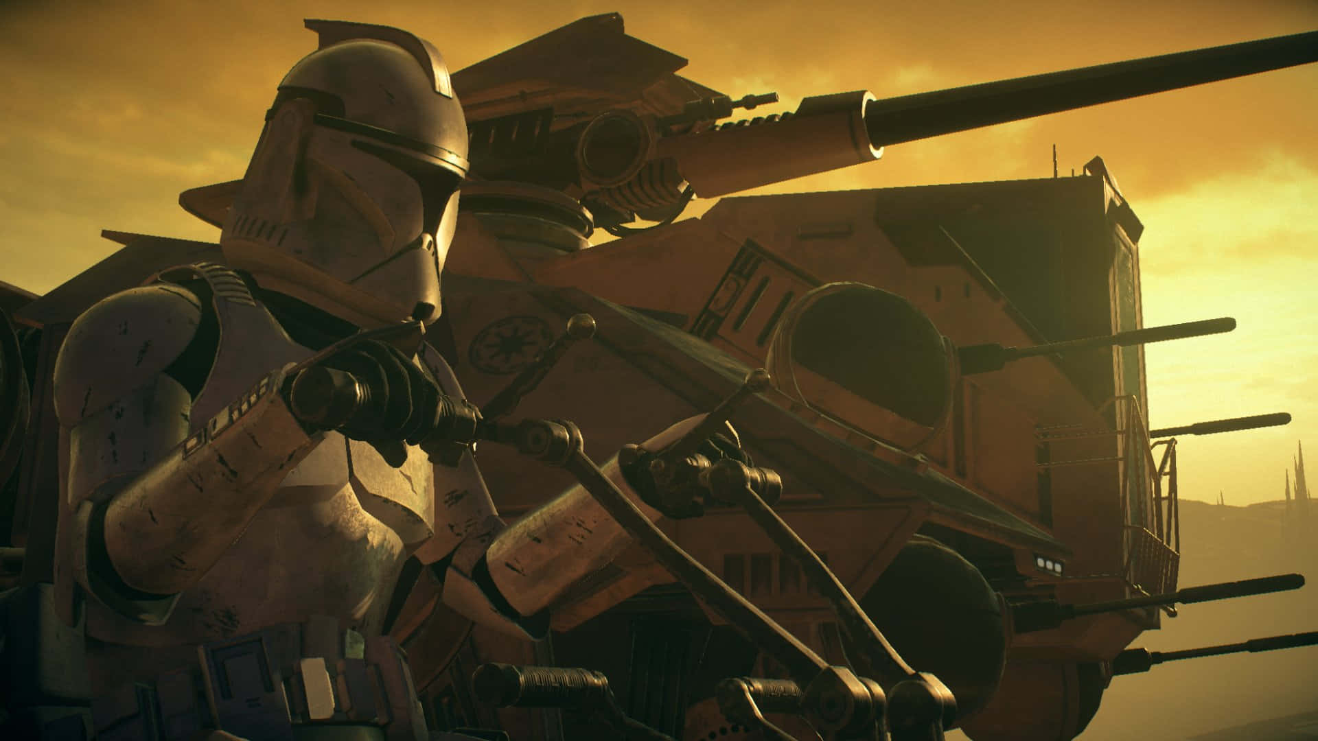The Battle Of Geonosis 桌布 壁紙 — 一名複製人兵團士兵喺金色夕陽下企喺一架重裝甲車旁邊保持警覺。