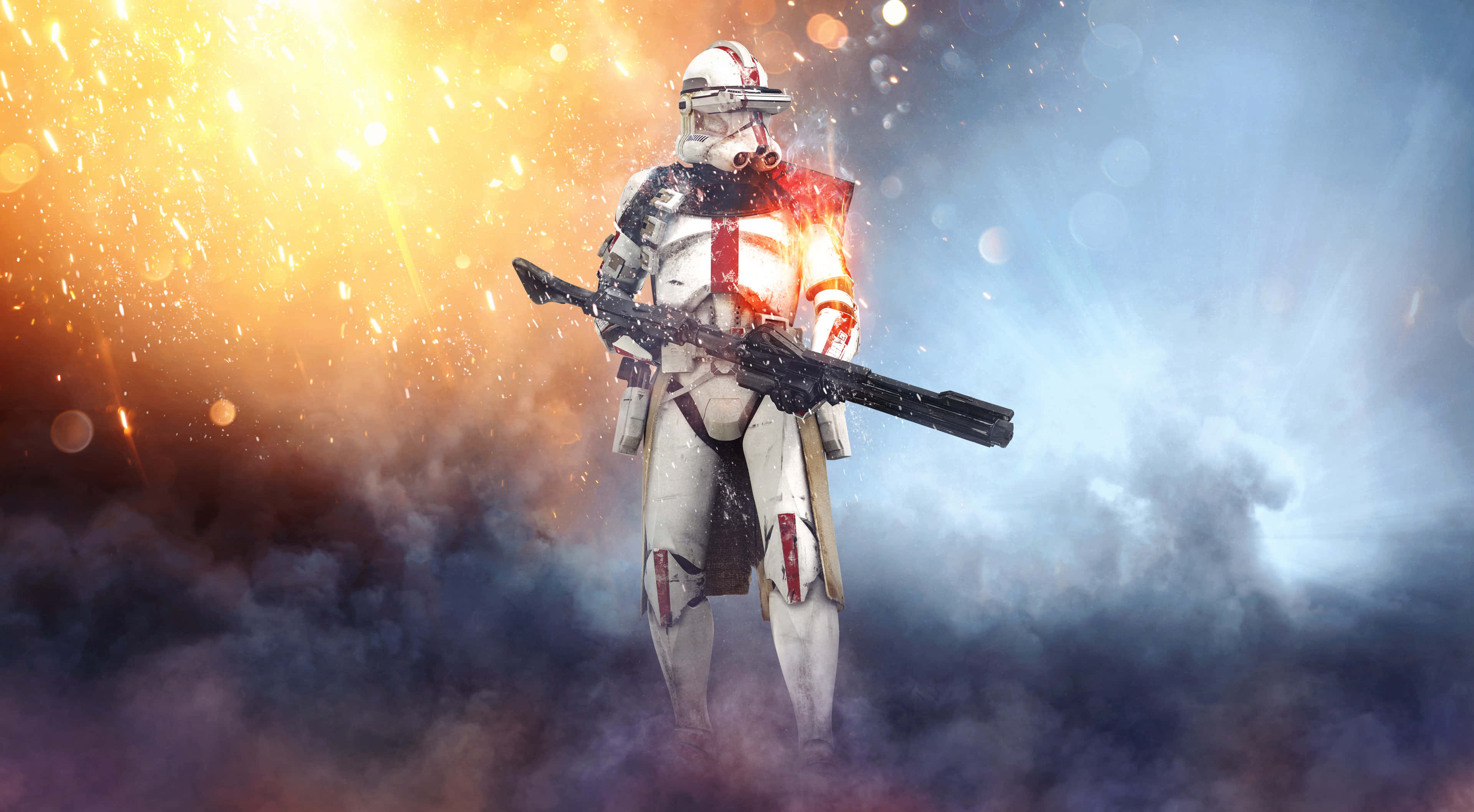 Blaster Rifles 桌布 壁紙 — 一名複製人戰士在熾熱爆炸中挑釁地站立，周圍有發光粒子與煙霧旋轉。