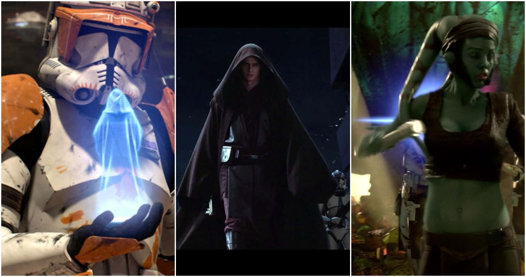 The Order 66 桌布 壁紙 — 一名複製人戰士手持發光的藍色全息投影，而一個戴頭罩的人物和一個綠色皮膚的外星人站在昏暗的科幻場景中。